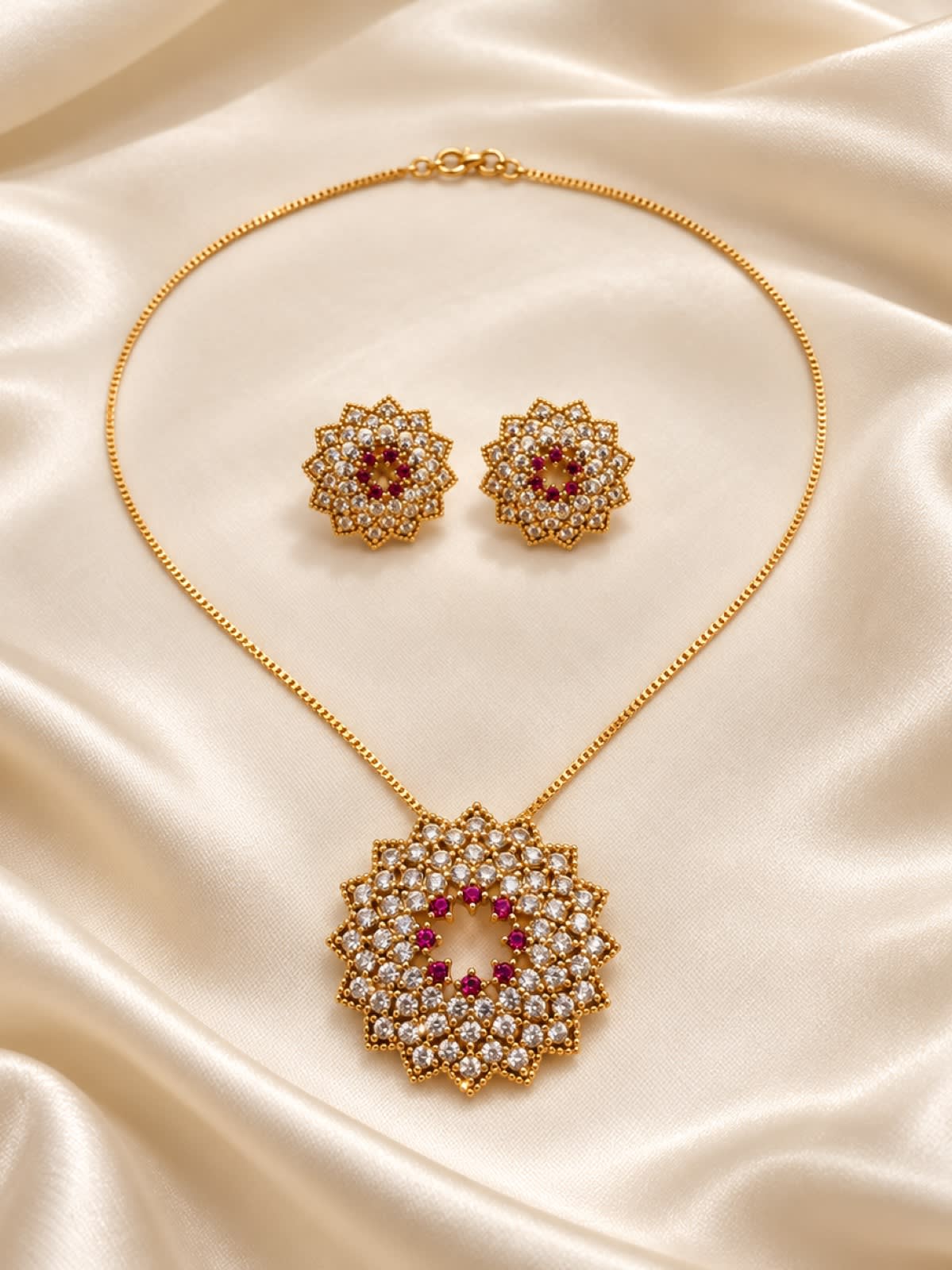 Golden Floral Ruby Crystal Necklace & Earrings Set