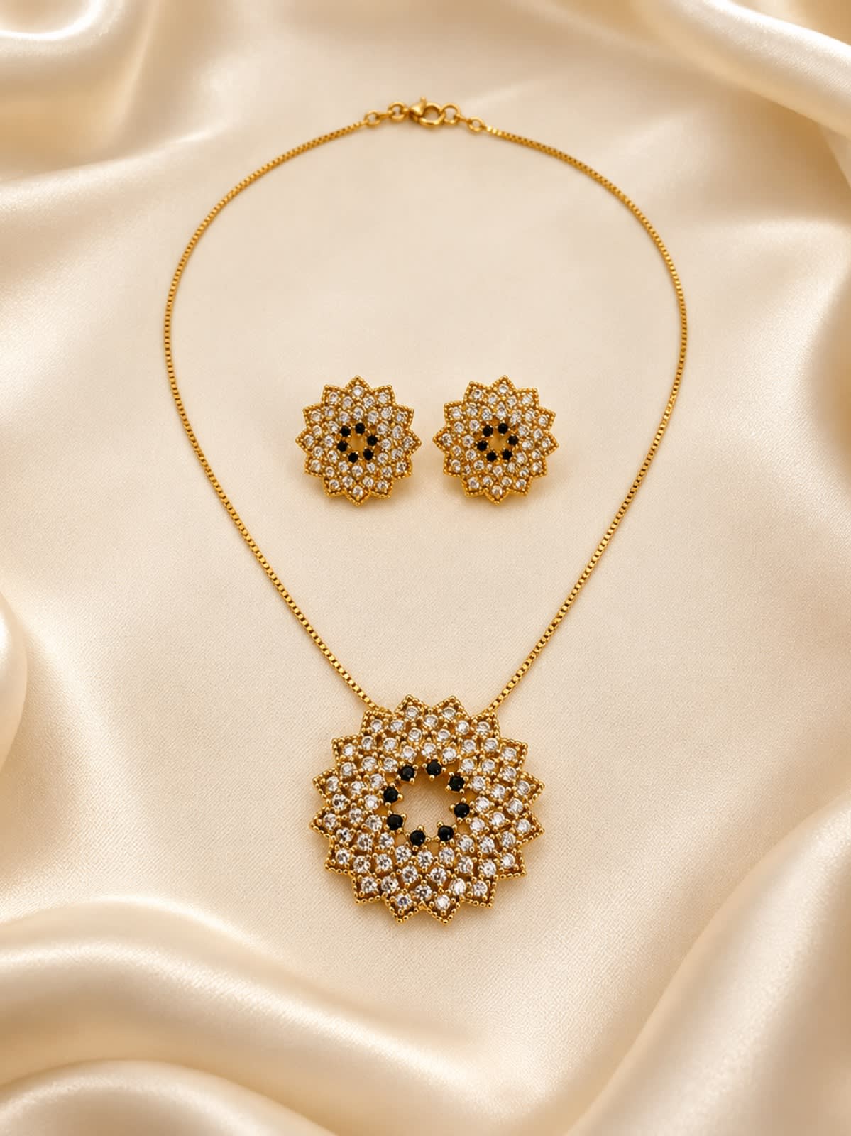 Golden Floral Black Crystal Necklace & Earrings Set