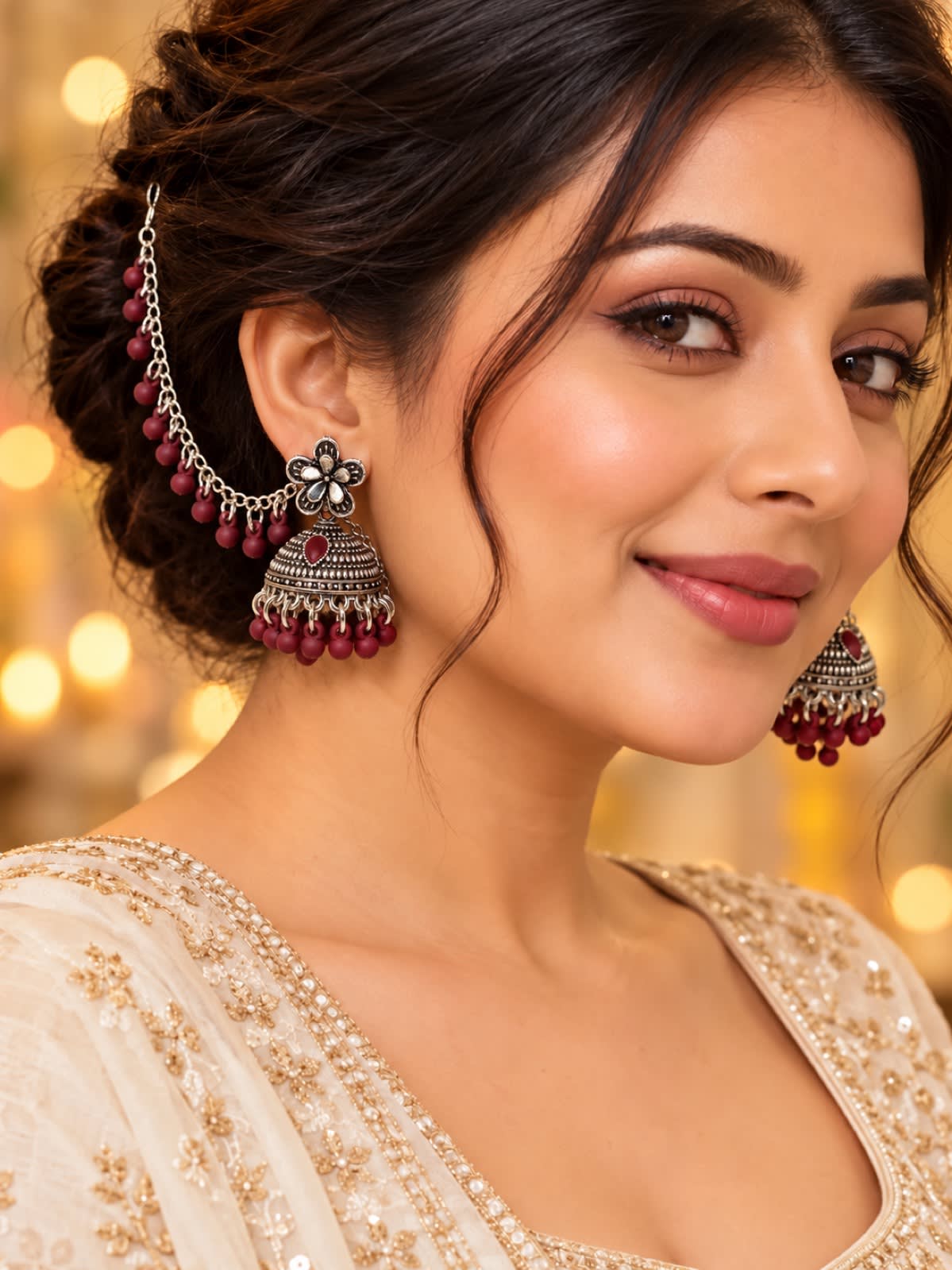 Royal Ruby Silver Maroon Jhumka Earrings with Sahara