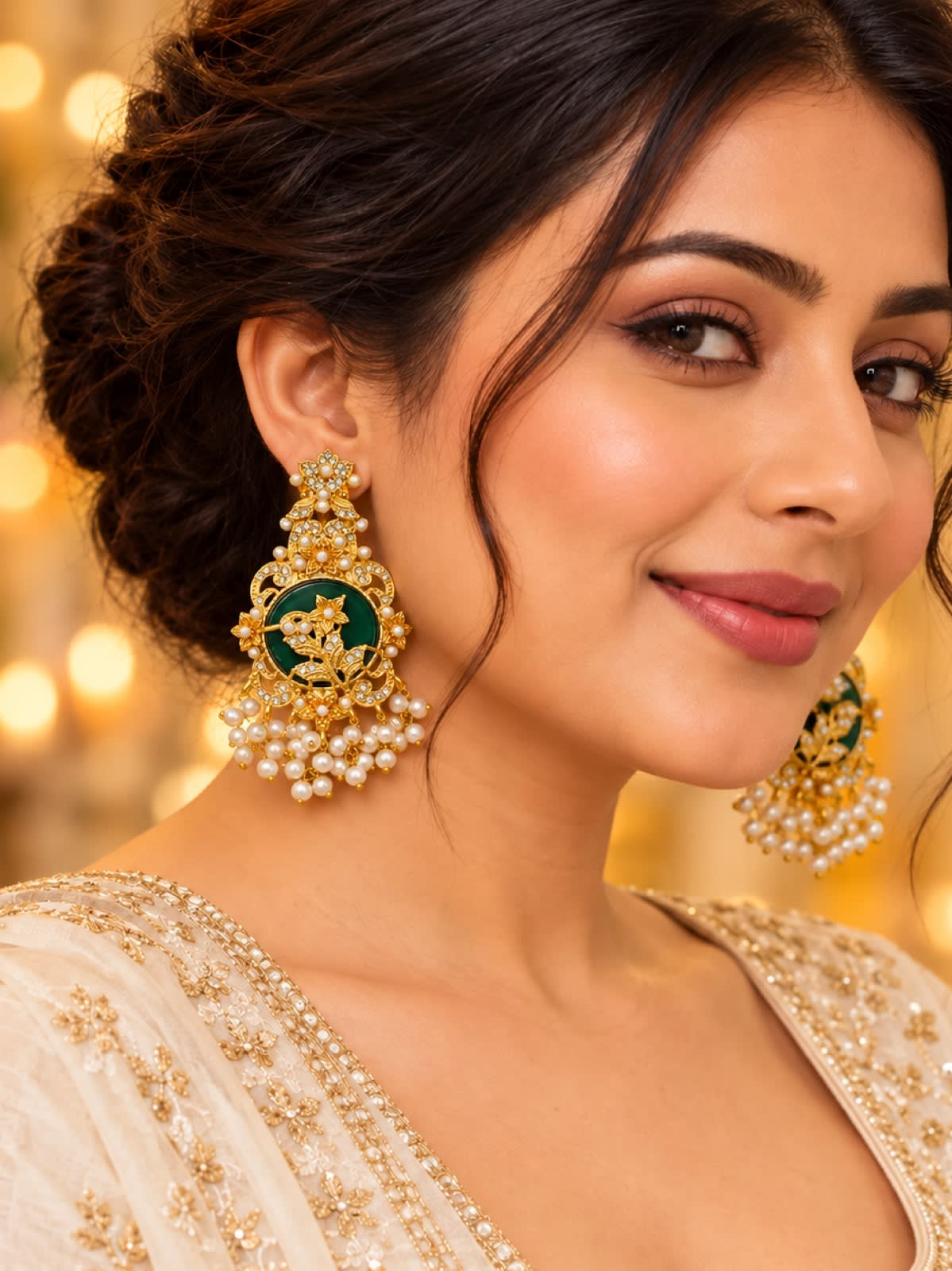 Royal Emerald Bloom Pearl Turkish Earrings – Gold & Green