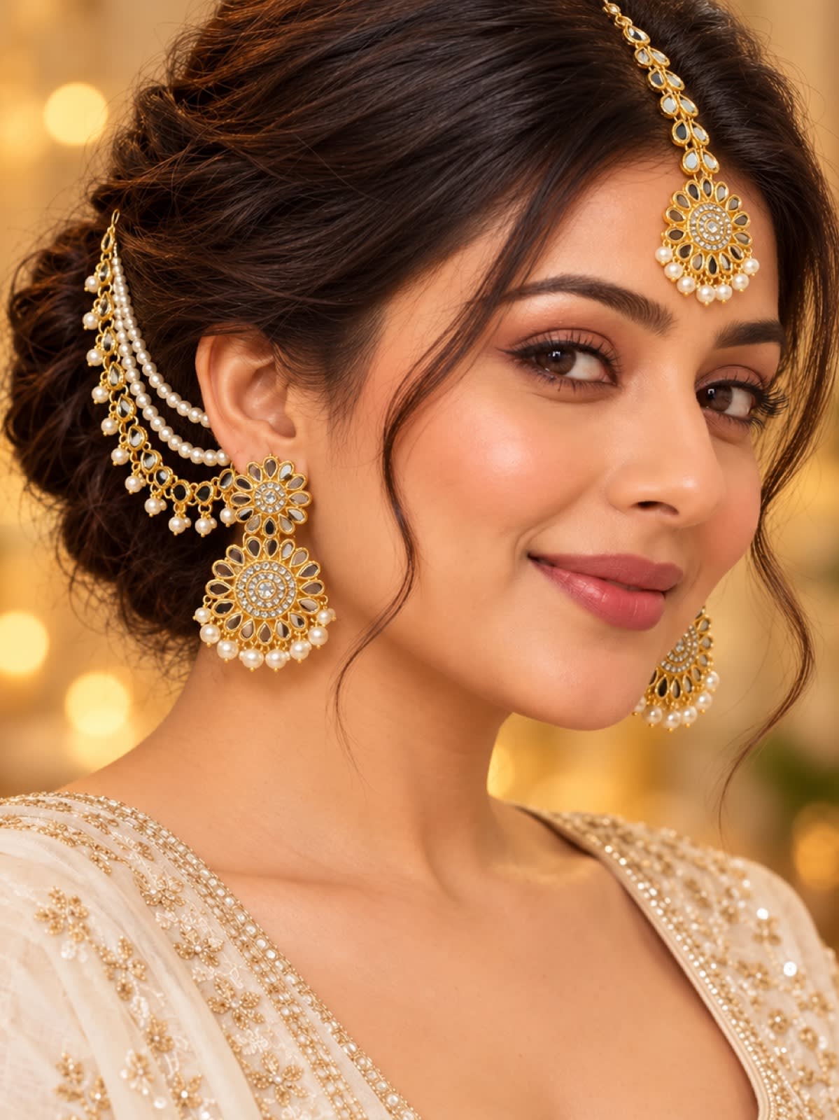 Royal Kundan Mirror & Pearl Bridal Jewellery Set – Gold