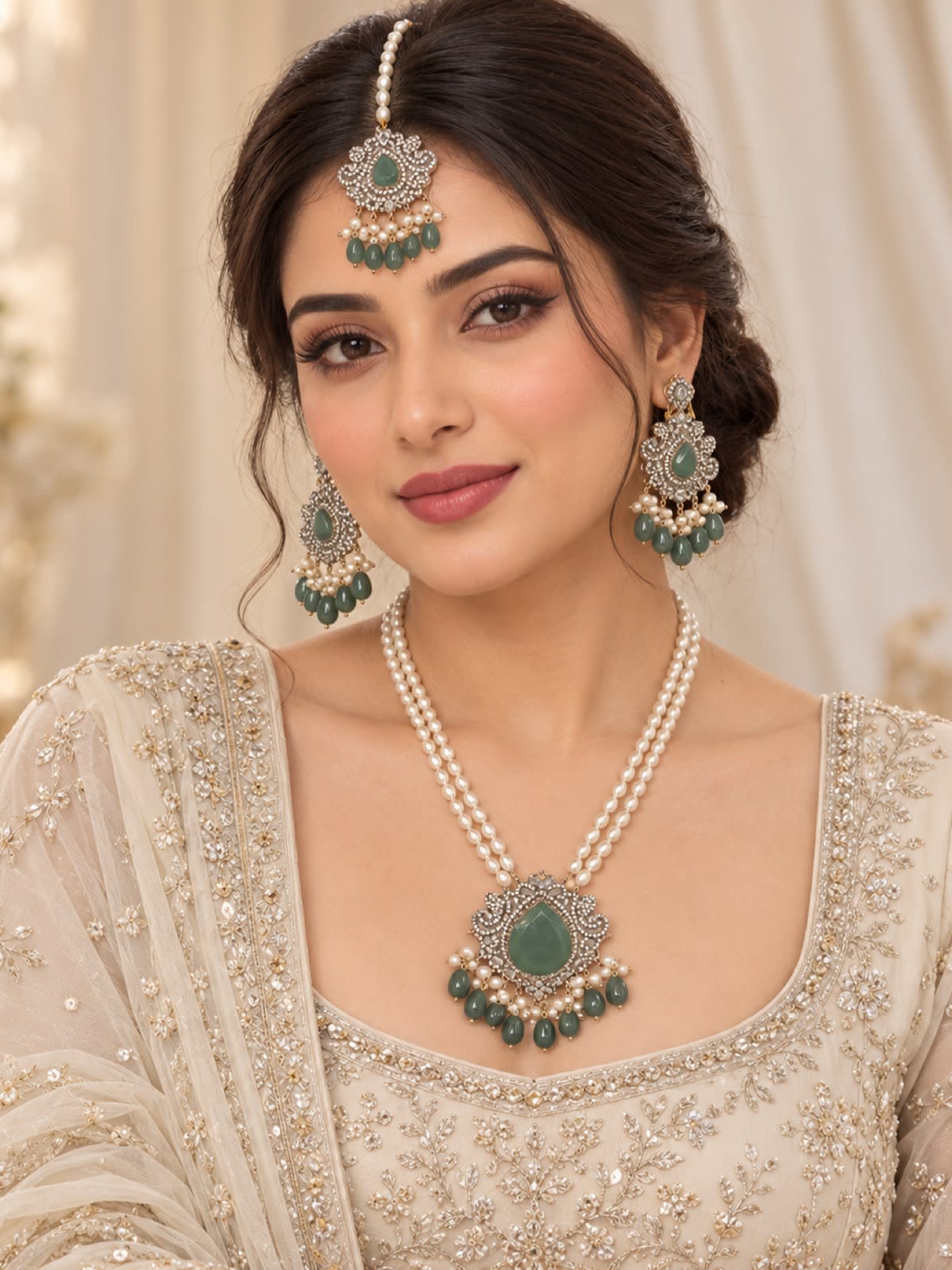 Royal Jade Green & Pearl Bridal Turkish Jewellery Set – Antique Silver Finish