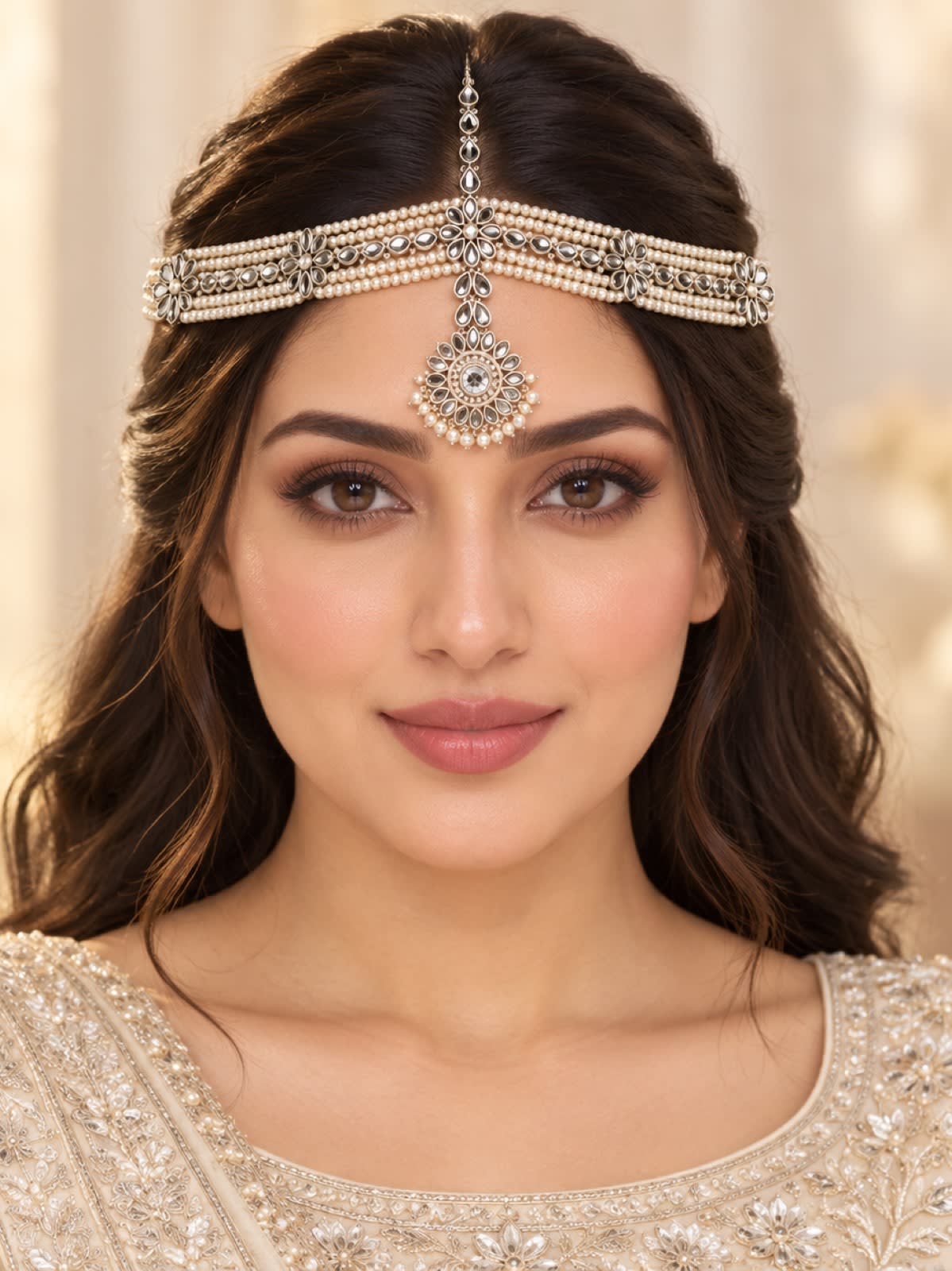 Royal Pearl & Mirror Work Bridal Matha Patti with Tikka – Gold & Silver