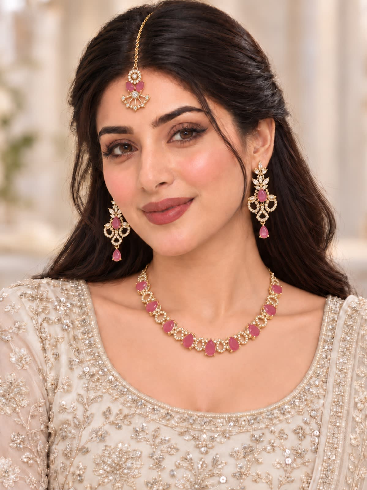 Royal 1 Carat & Zircon Gold Jewellery Set – Ruby Pink