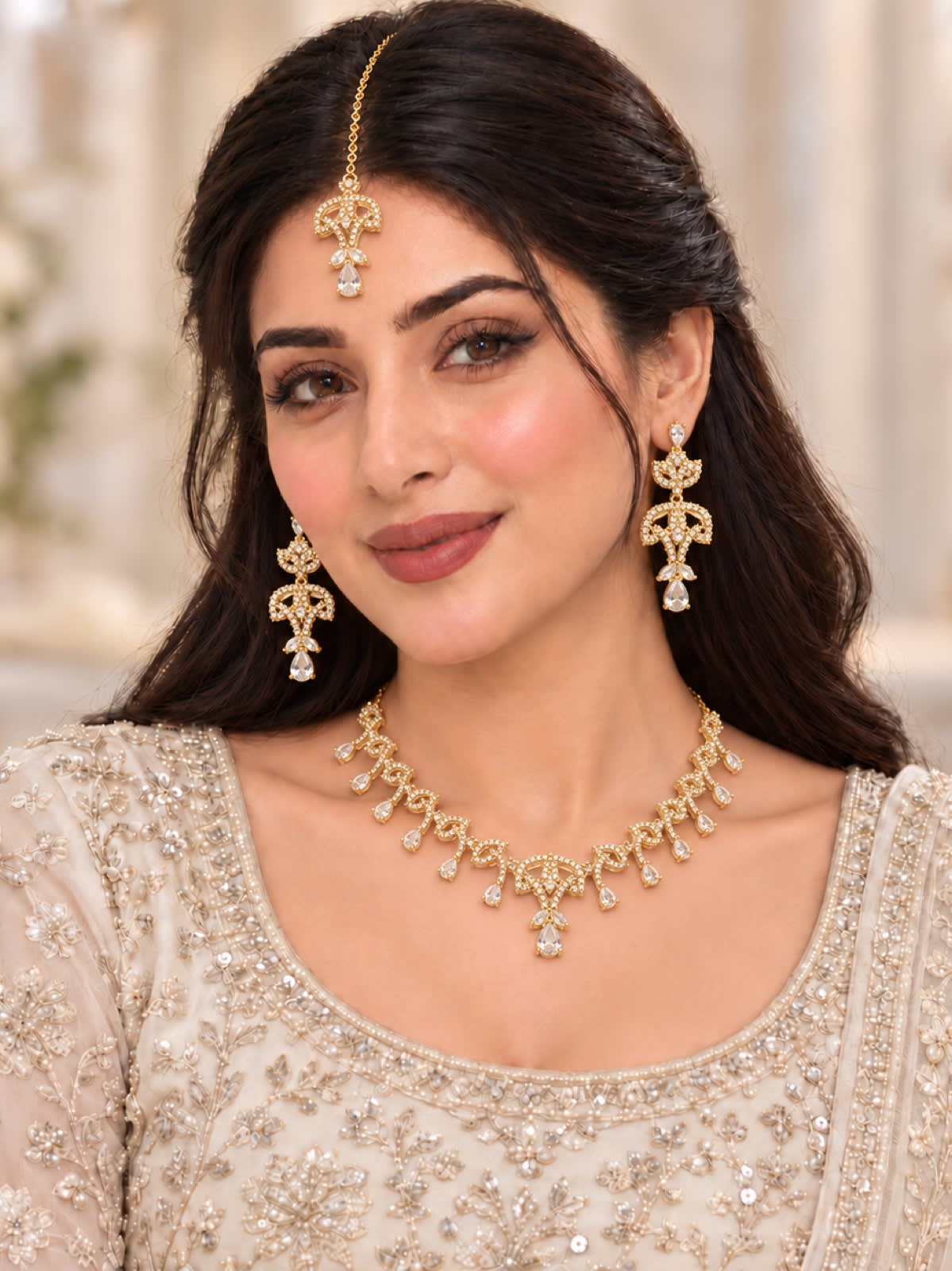 Golden Radiance – 1 Carat & Zircon Crystal Drop Necklace Set
