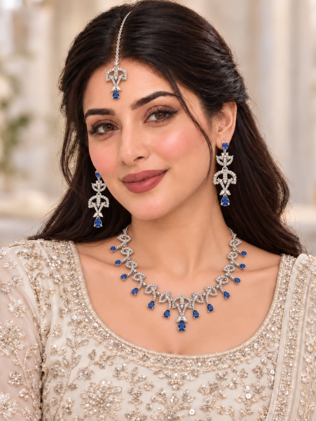 Sapphire Elegance – 1 Carat & Zircon Silver Blue Crystal Drop Necklace Set