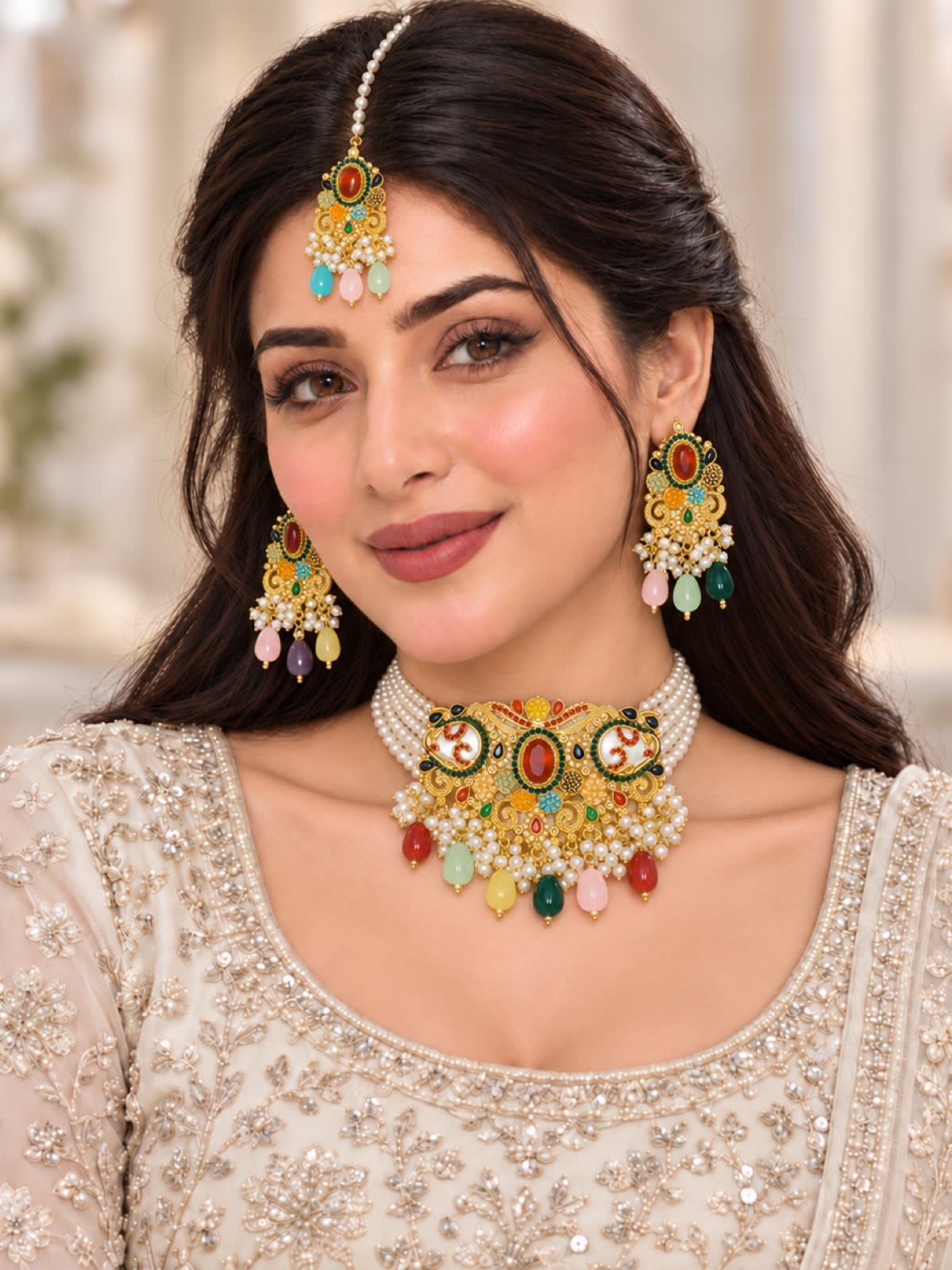 Kashmiri Heritage – Multicolor Pearl Bridal Choker Set