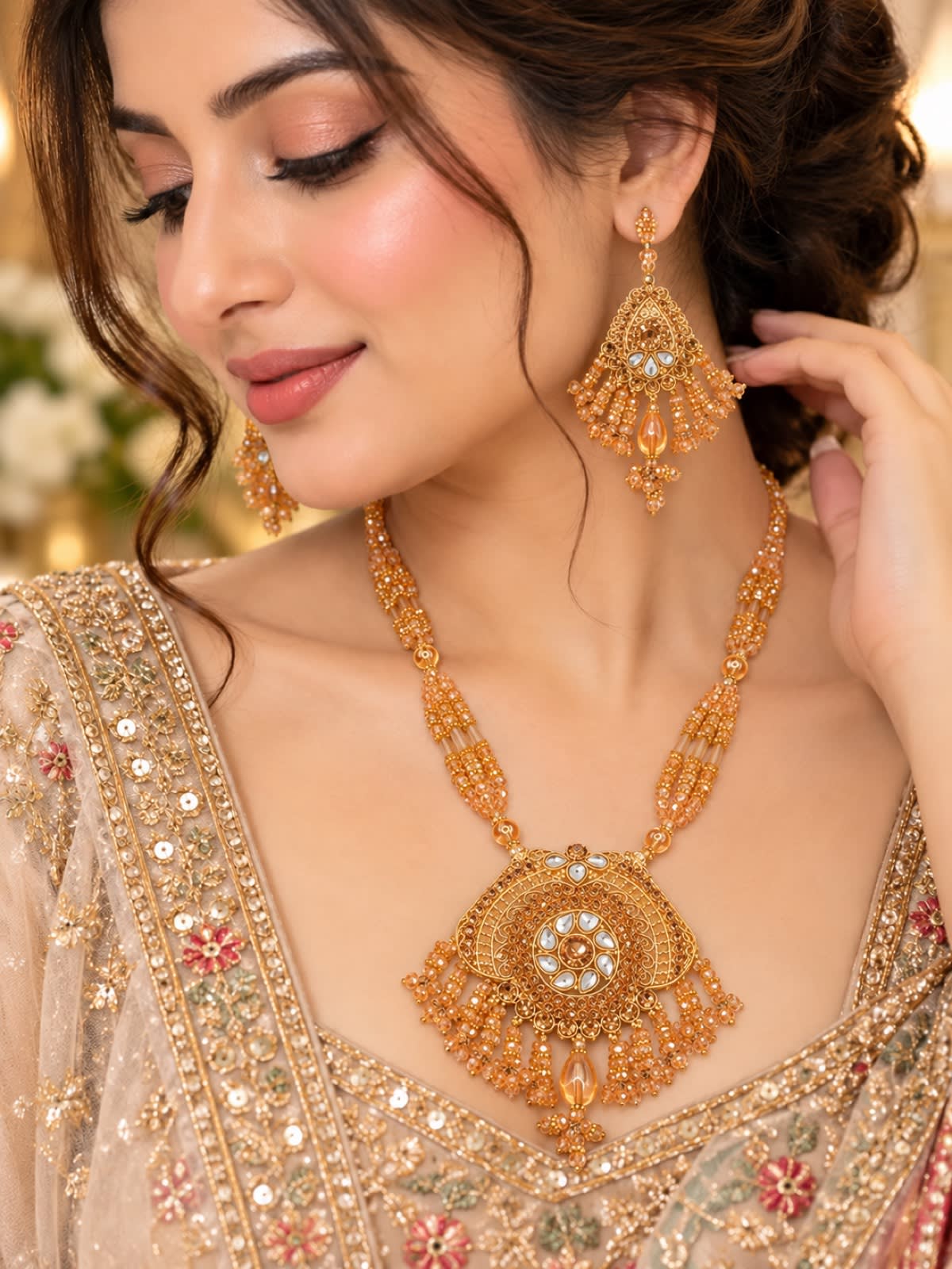 Royal Champagne Gold Traditional Beaded Necklace Set