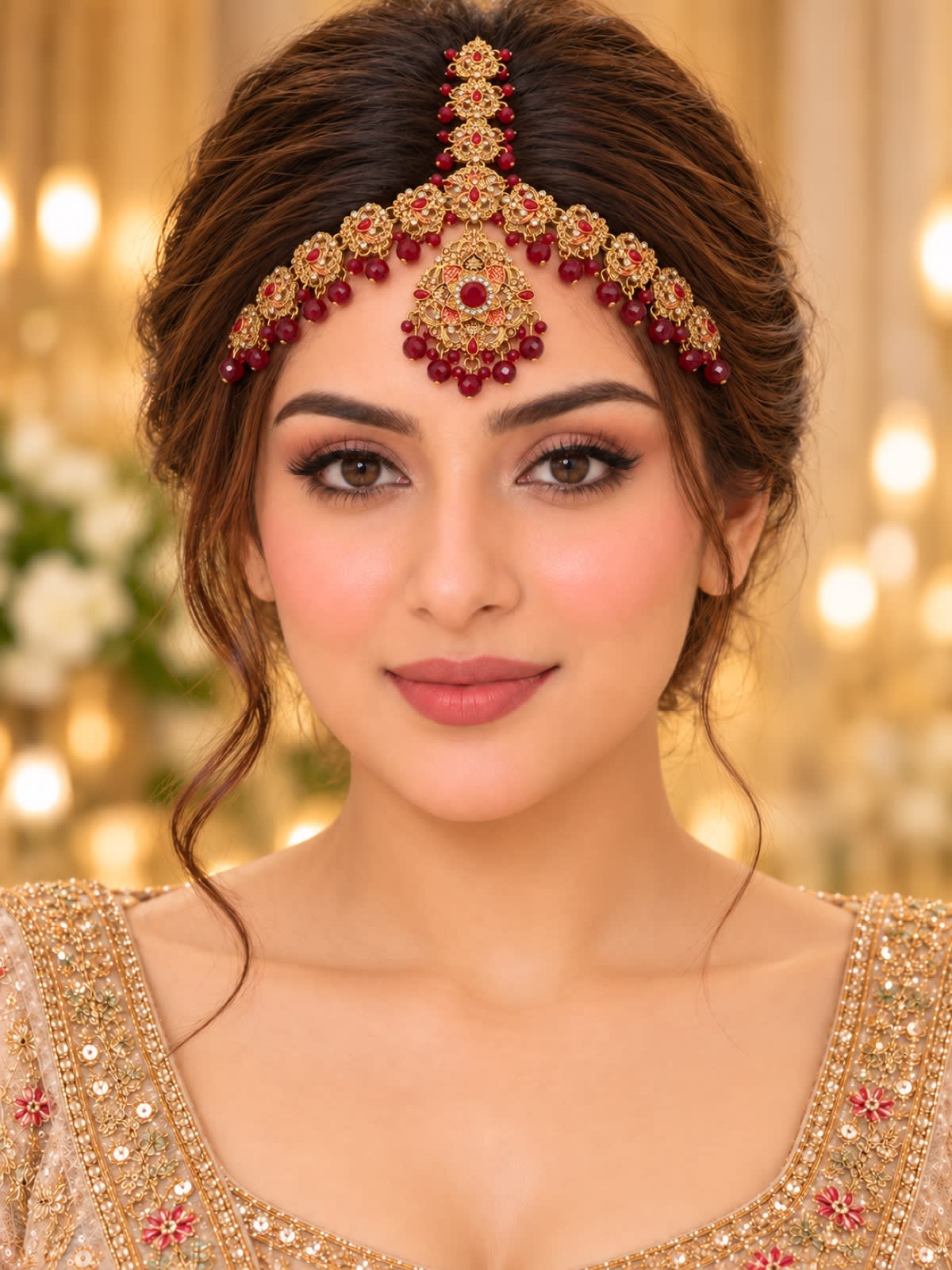 Ruby Red Gold Floral Beaded Bridal Matha Patti