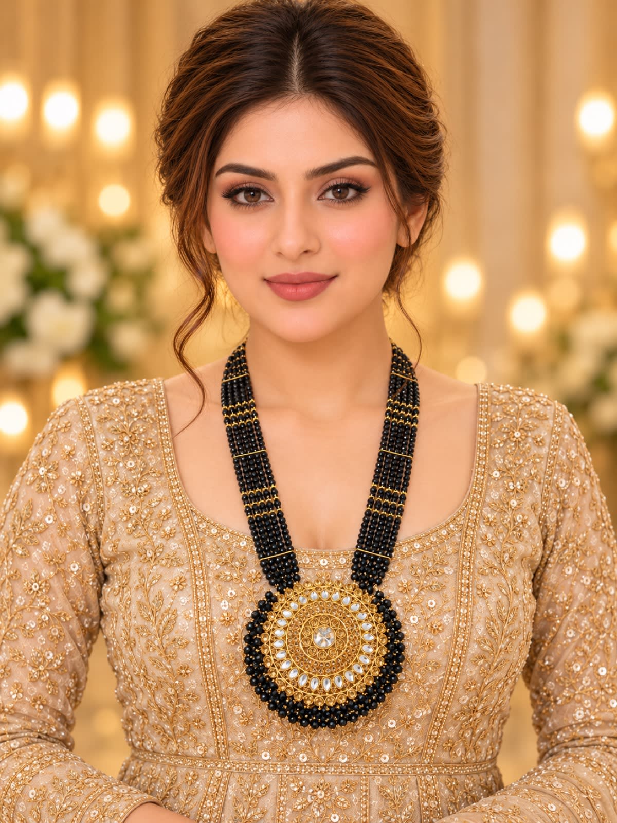 Midnight Charm Kundan Beaded Statement Necklace – Black & Gold