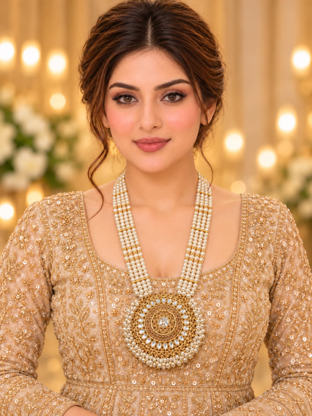 Pearl Elegance Kundan Beaded Statement Necklace – Ivory & Gold