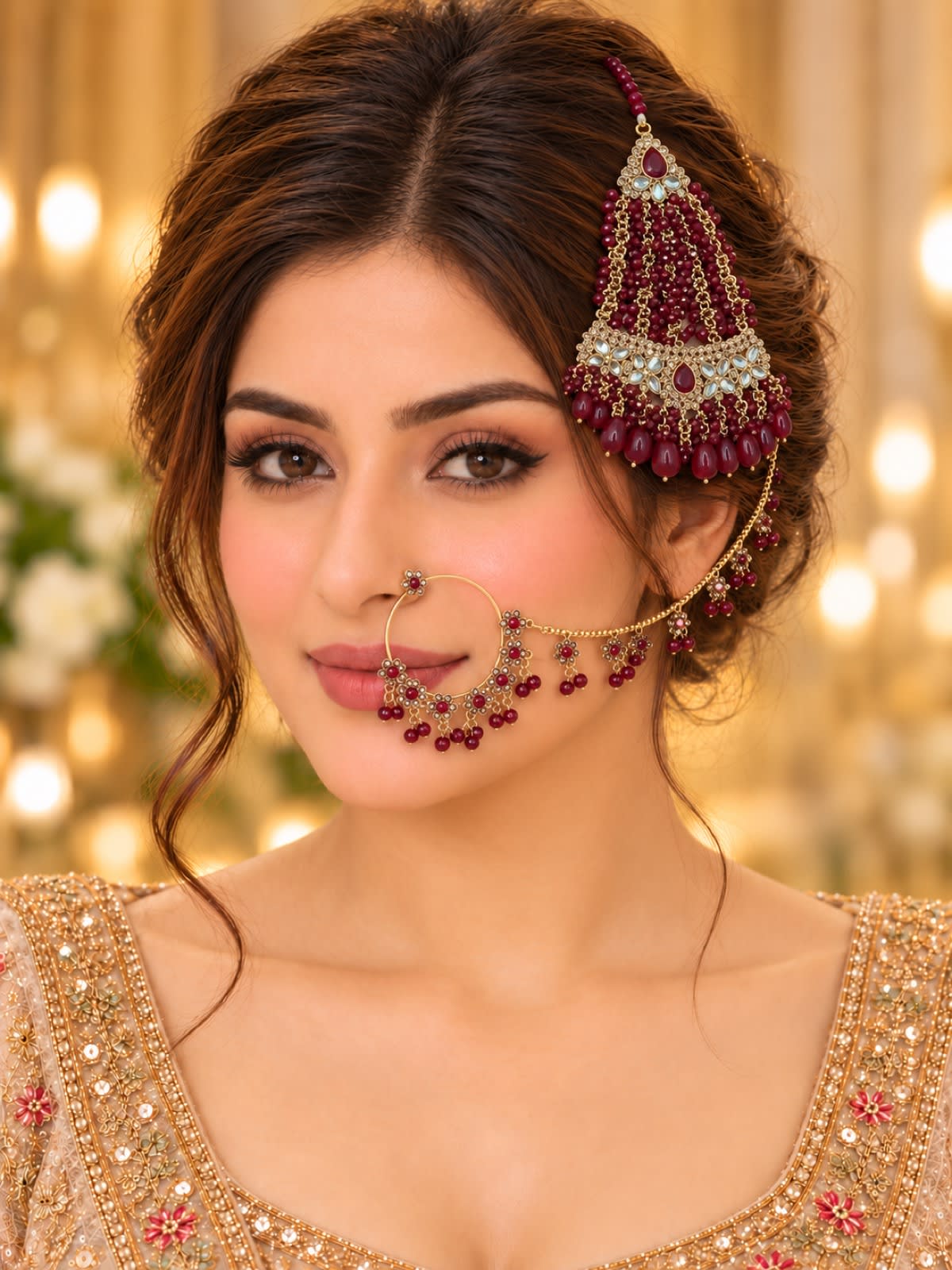Burgundy Noor Bridal Jhoomar & Nath Set – Maroon & Gold