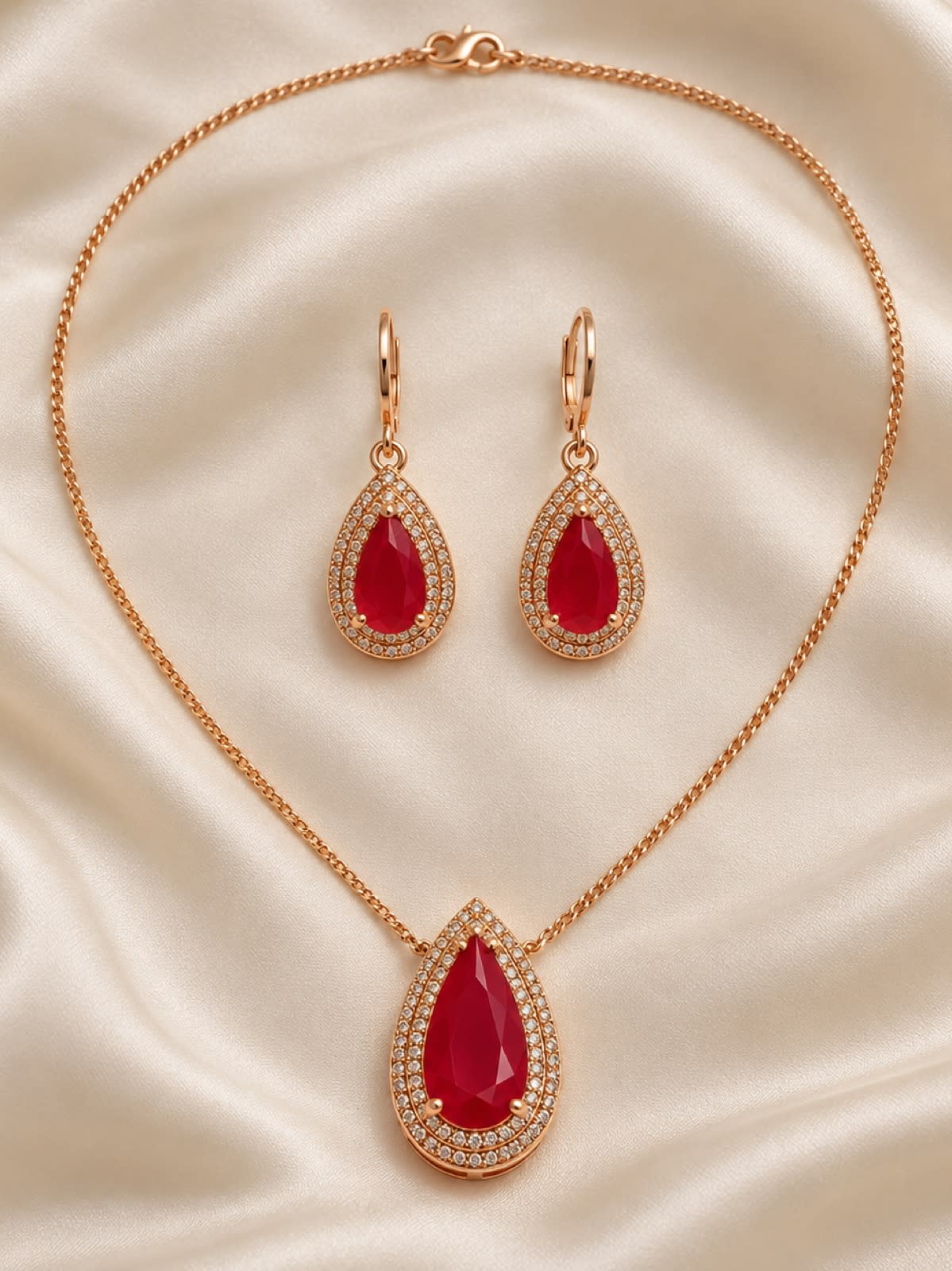 Ruby Radiance Teardrop Pendant & Earrings Set