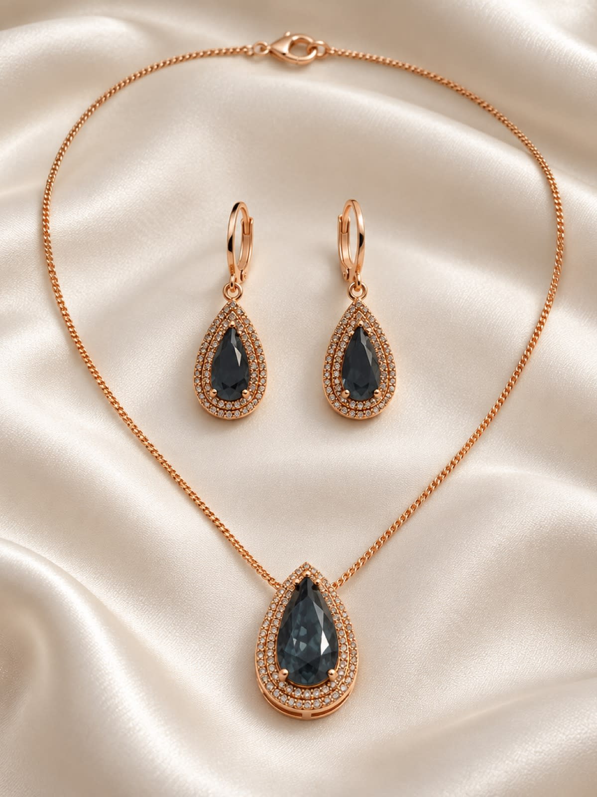 Midnight Elegance Black Teardrop Pendant & Earrings Set