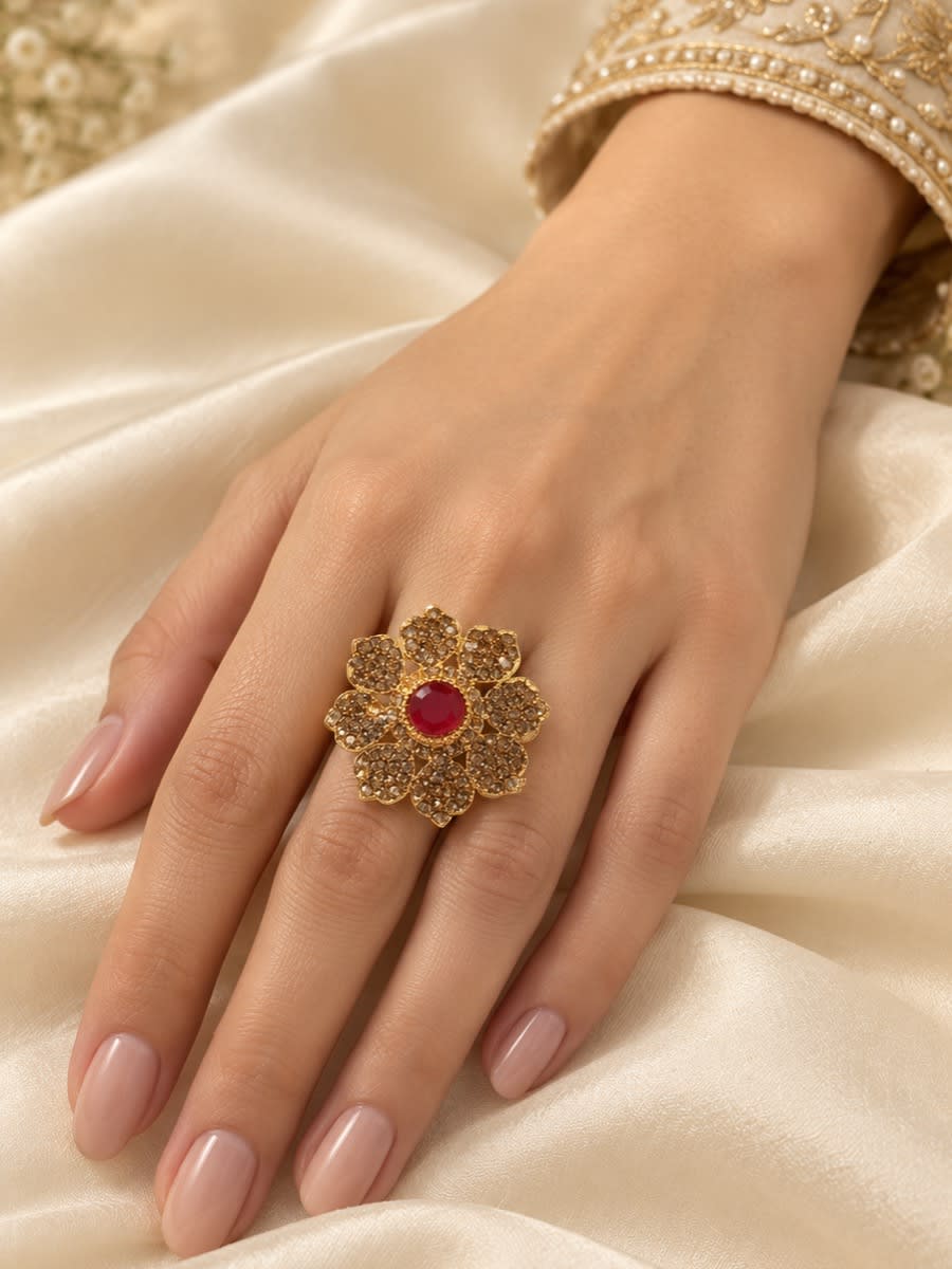 Royal Ruby Eight-Petal Floral Gold Ring