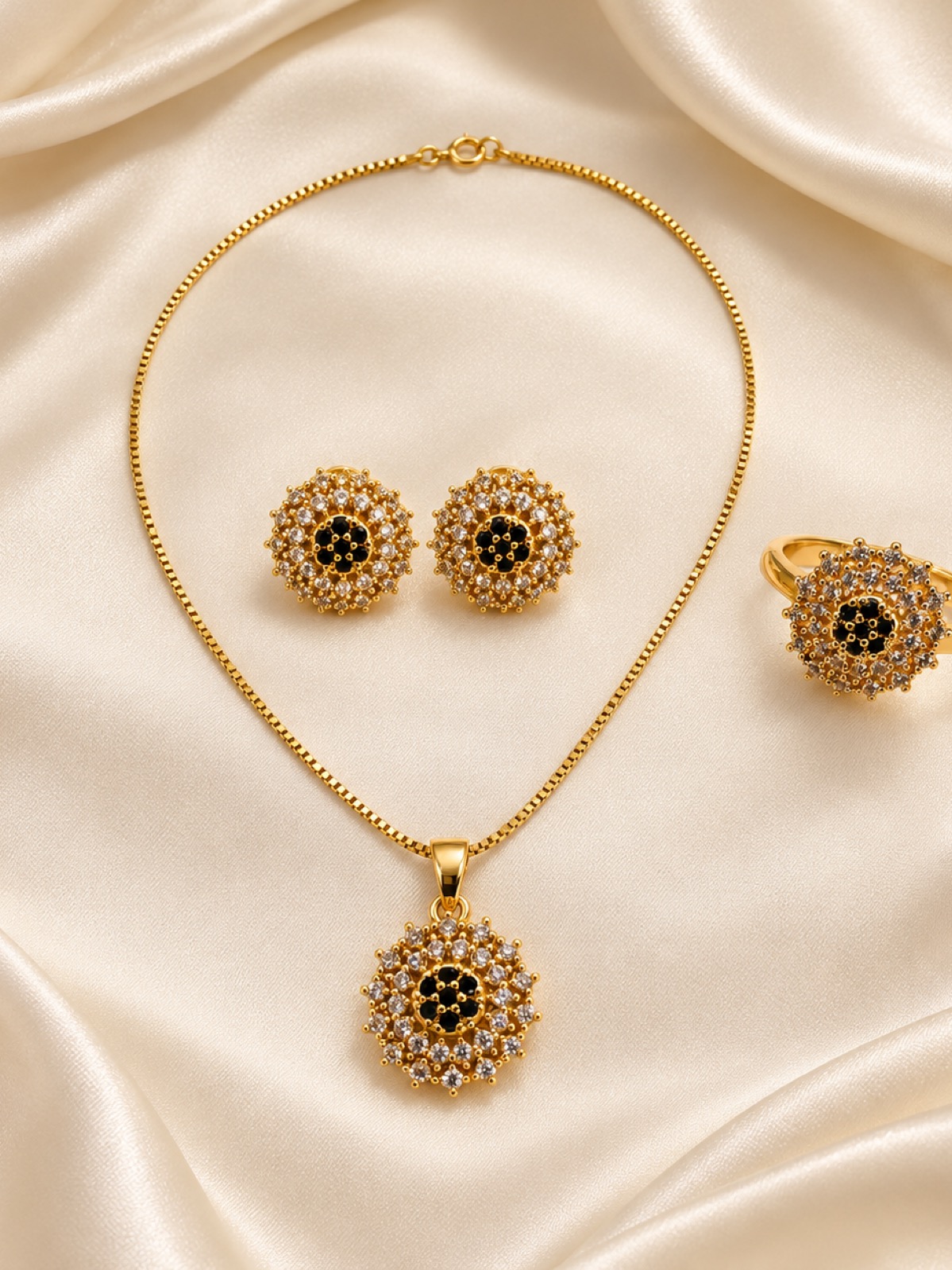 Black Onyx Halo Gold Jewelry Set