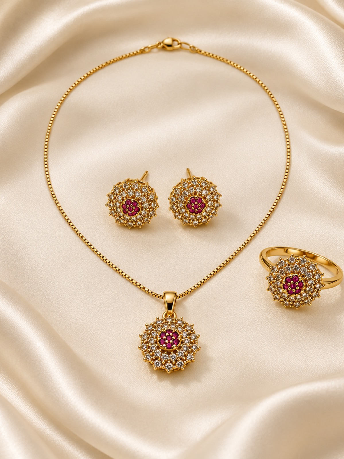 Royal Ruby Halo Gold Jewelry Set