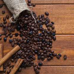 Coffee beans scattered on a table