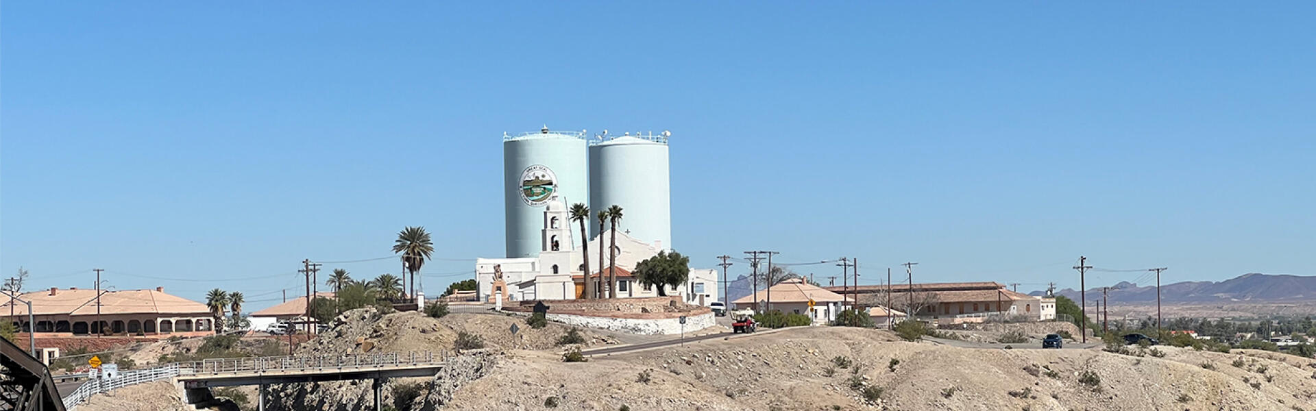 St. Thomas Yuma Indian mission and water towers overlooking the Quechan reservation