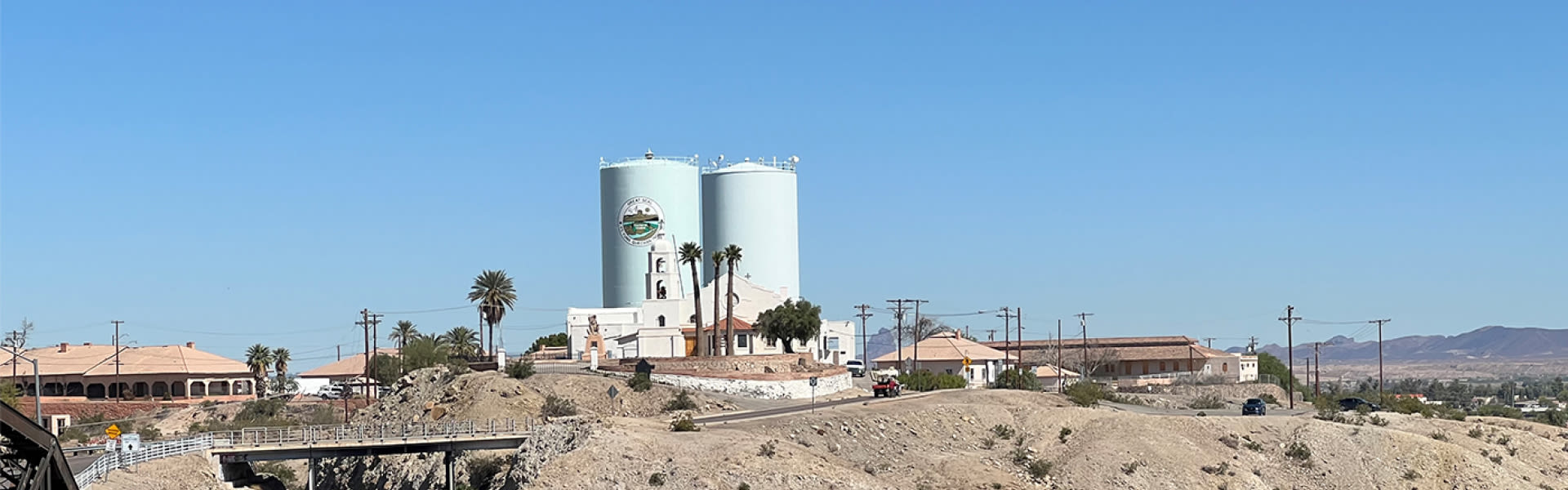 St. Thomas Yuma Indian mission and water towers overlooking the Quechan reservation
