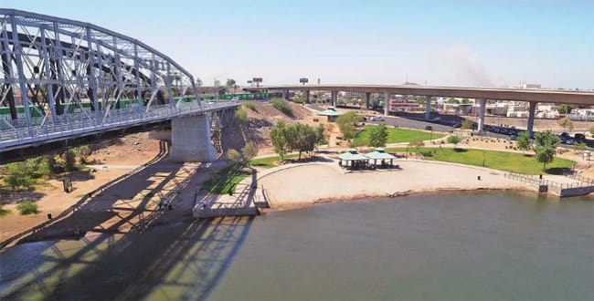 The Colorado River and Gateway Park under the Ocean To Ocean Bridge