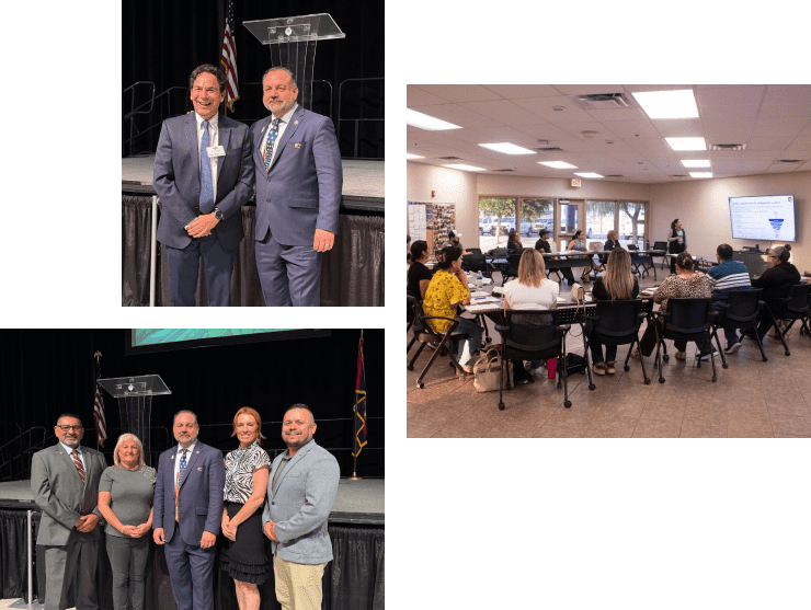 Chamber representatives with elected officials at a podium and members attending a business workshop