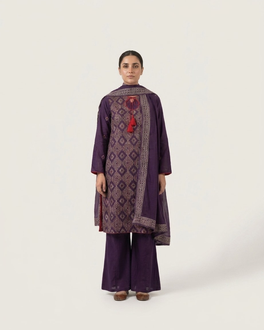 Royal Purple Embroidered Lawn 3-Piece Suit — view 2