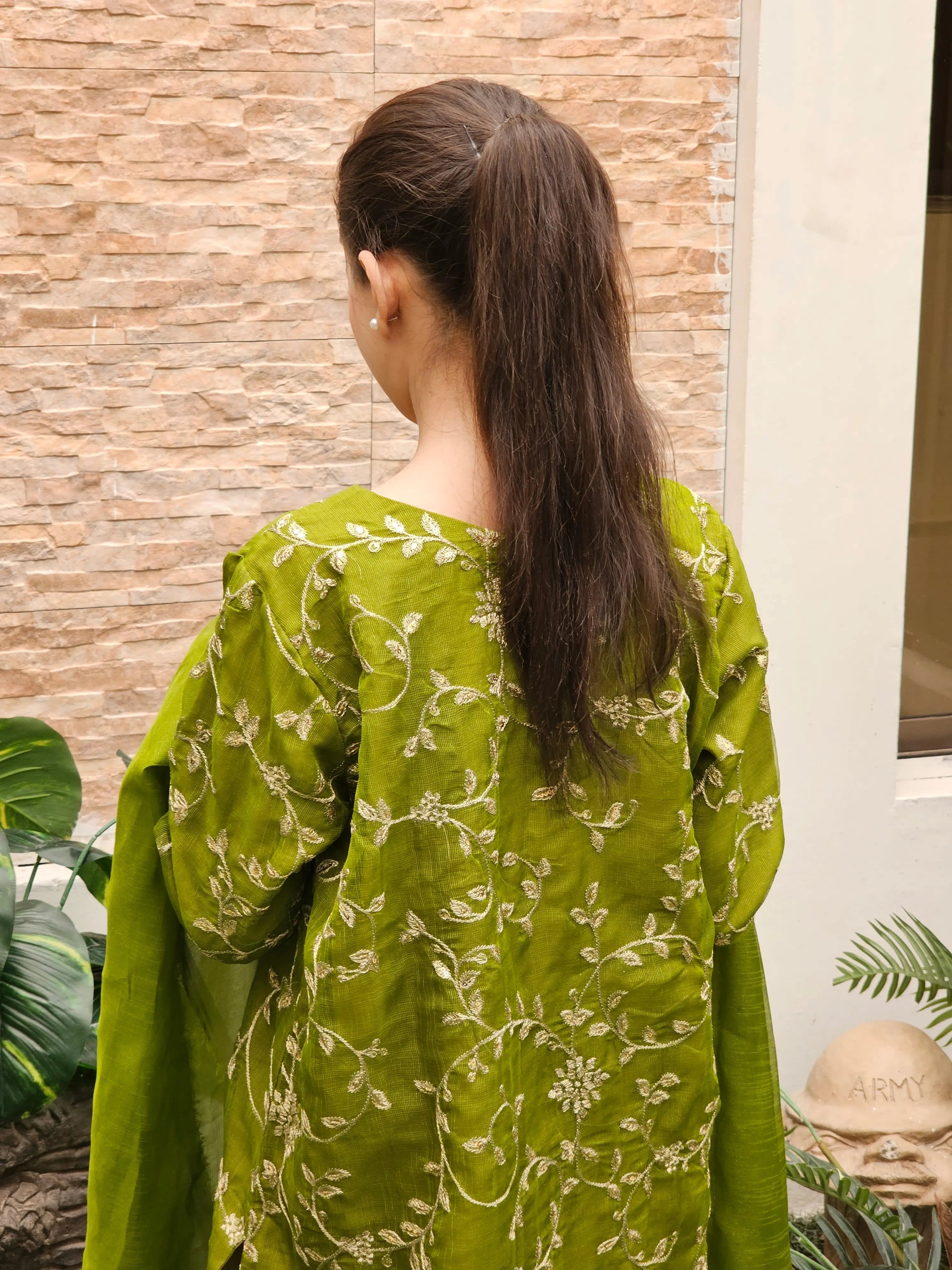 Olive Green Tilla Embroidered Cotton Net 3 Piece Suit with Farshi Shalwar — view 2