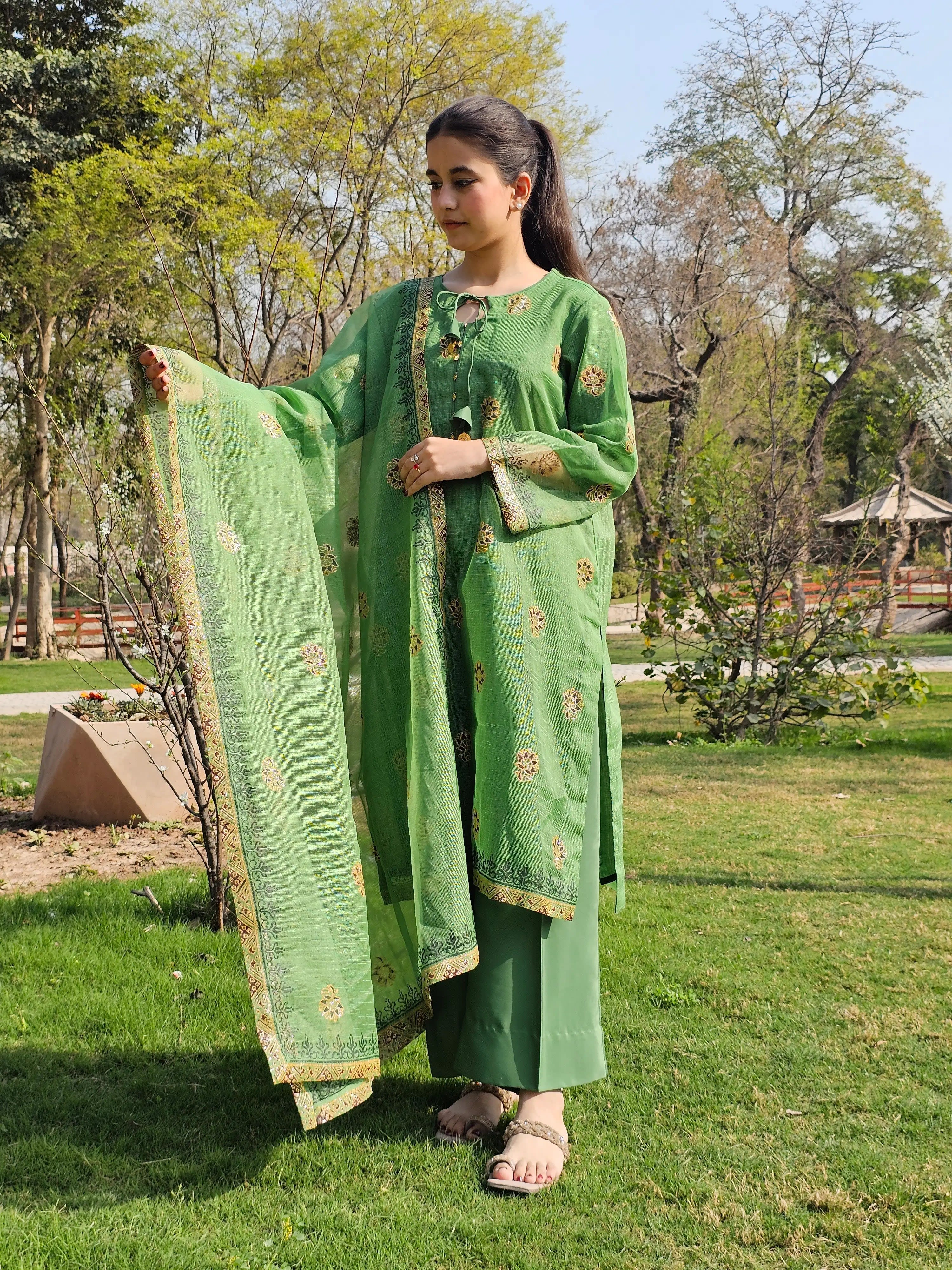 Traditional Leaf Green Block Print 3-Piece Suit β view 1