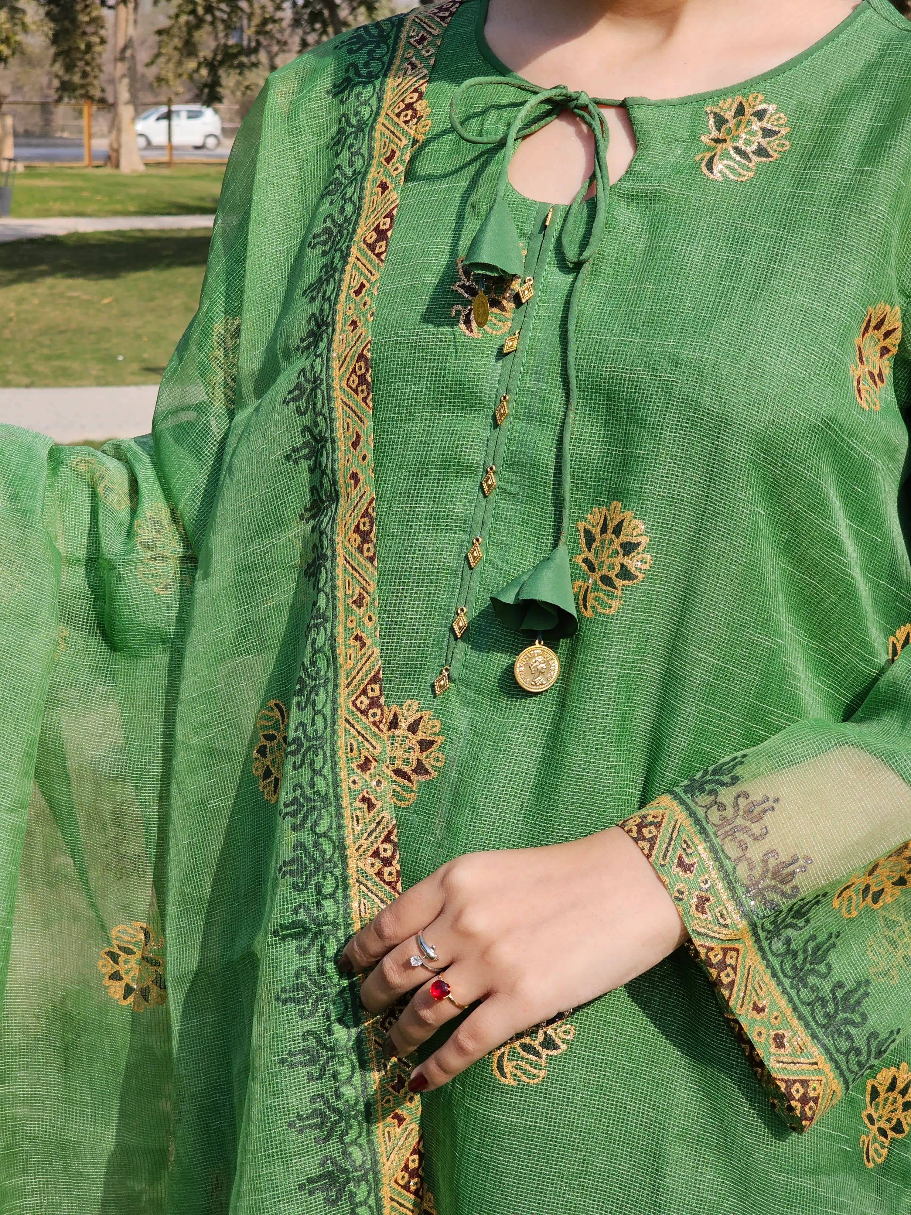 Traditional Leaf Green Block Print 3-Piece Suit — view 2