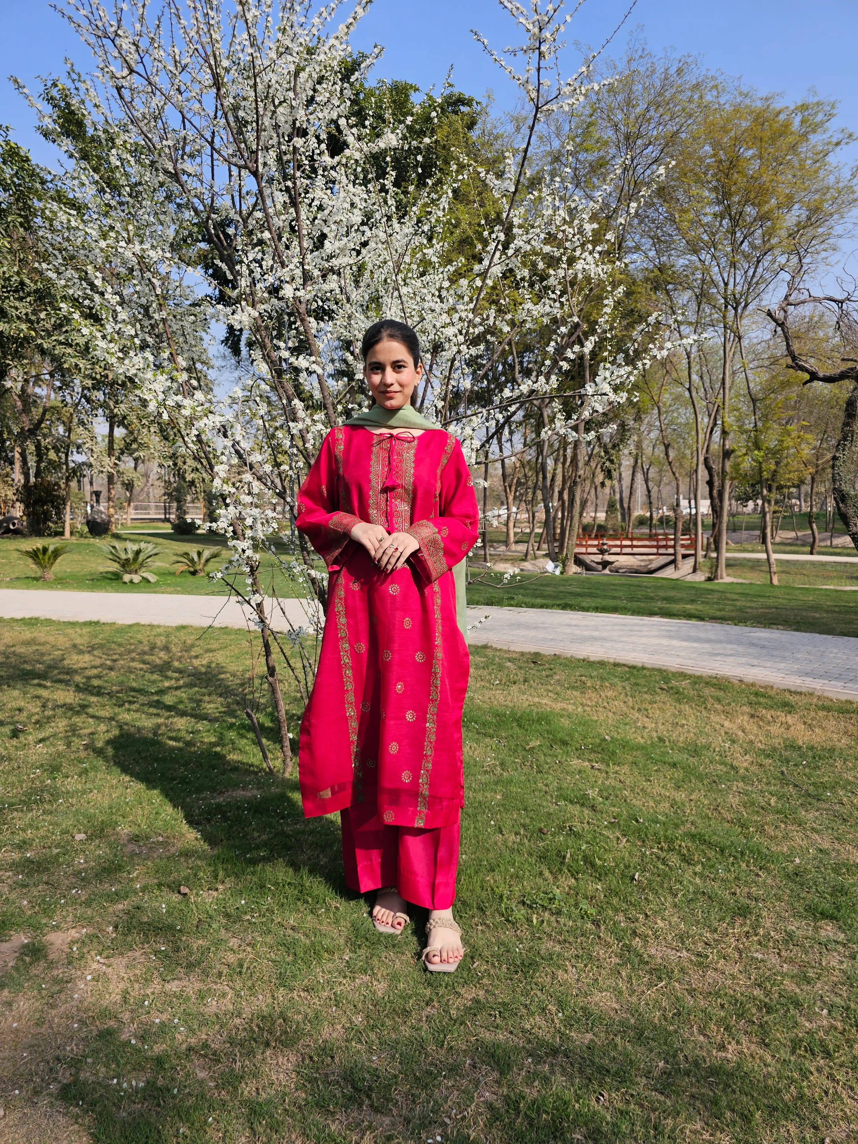 Hibiscus Cotton-Net 3-Piece Suit With Block Printing β view 1