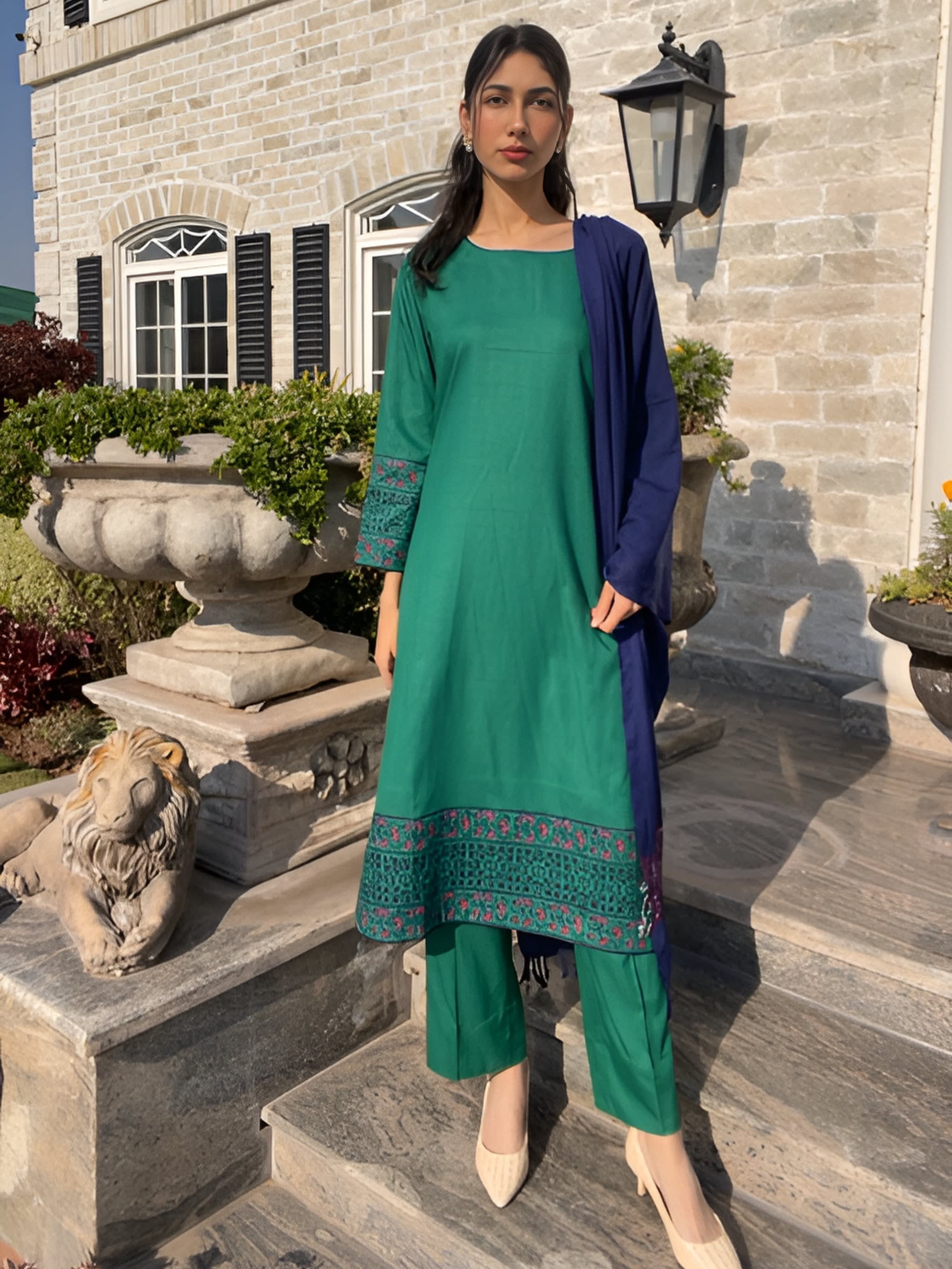 Jade & Navy Hand-Block Printed Marina 3-Piece Artisan Suite β view 1