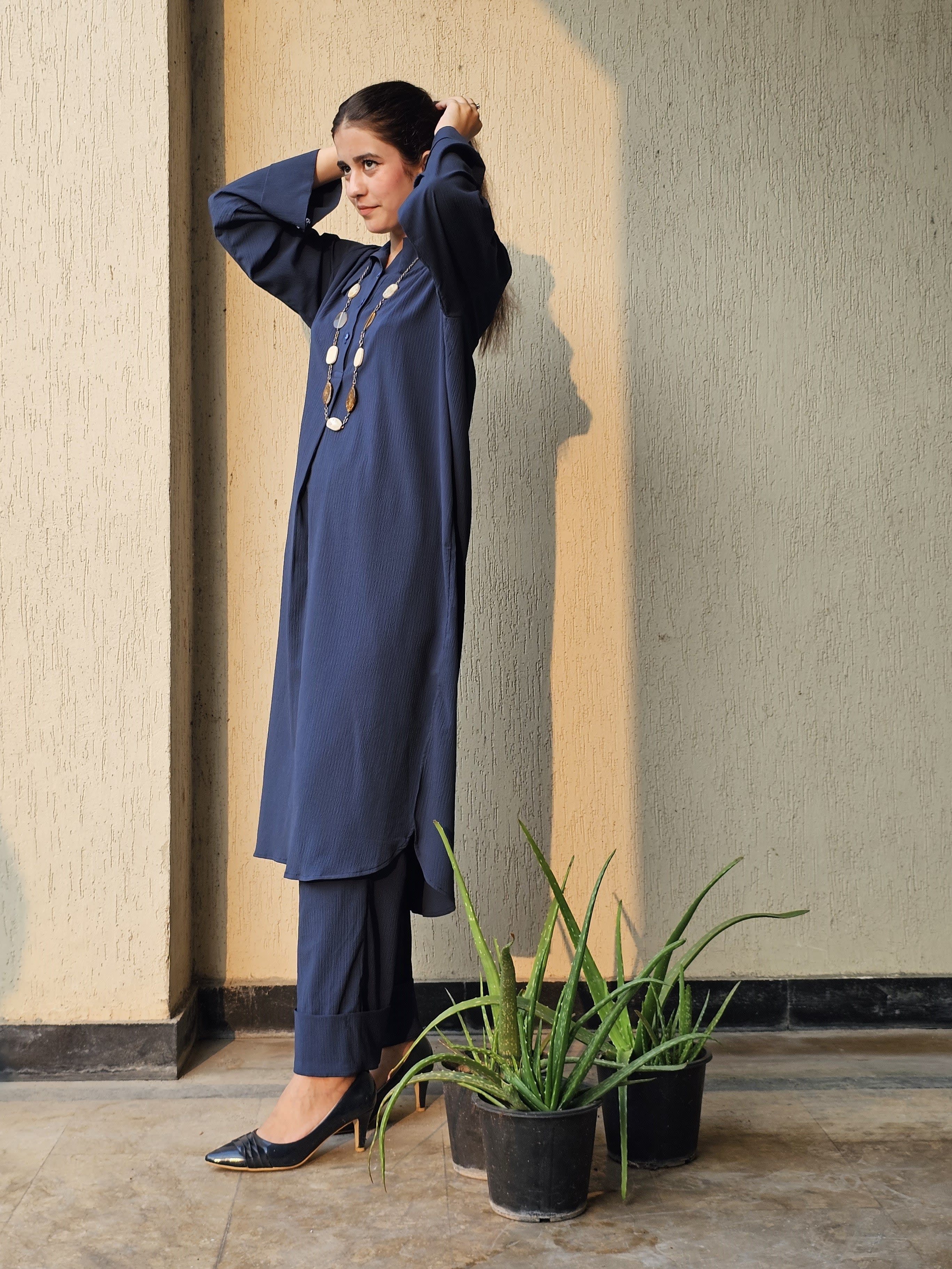 Long Tunic Shirt Suit Finest Weave With Crinkle Texture and Roll-up Sleeves β view 1