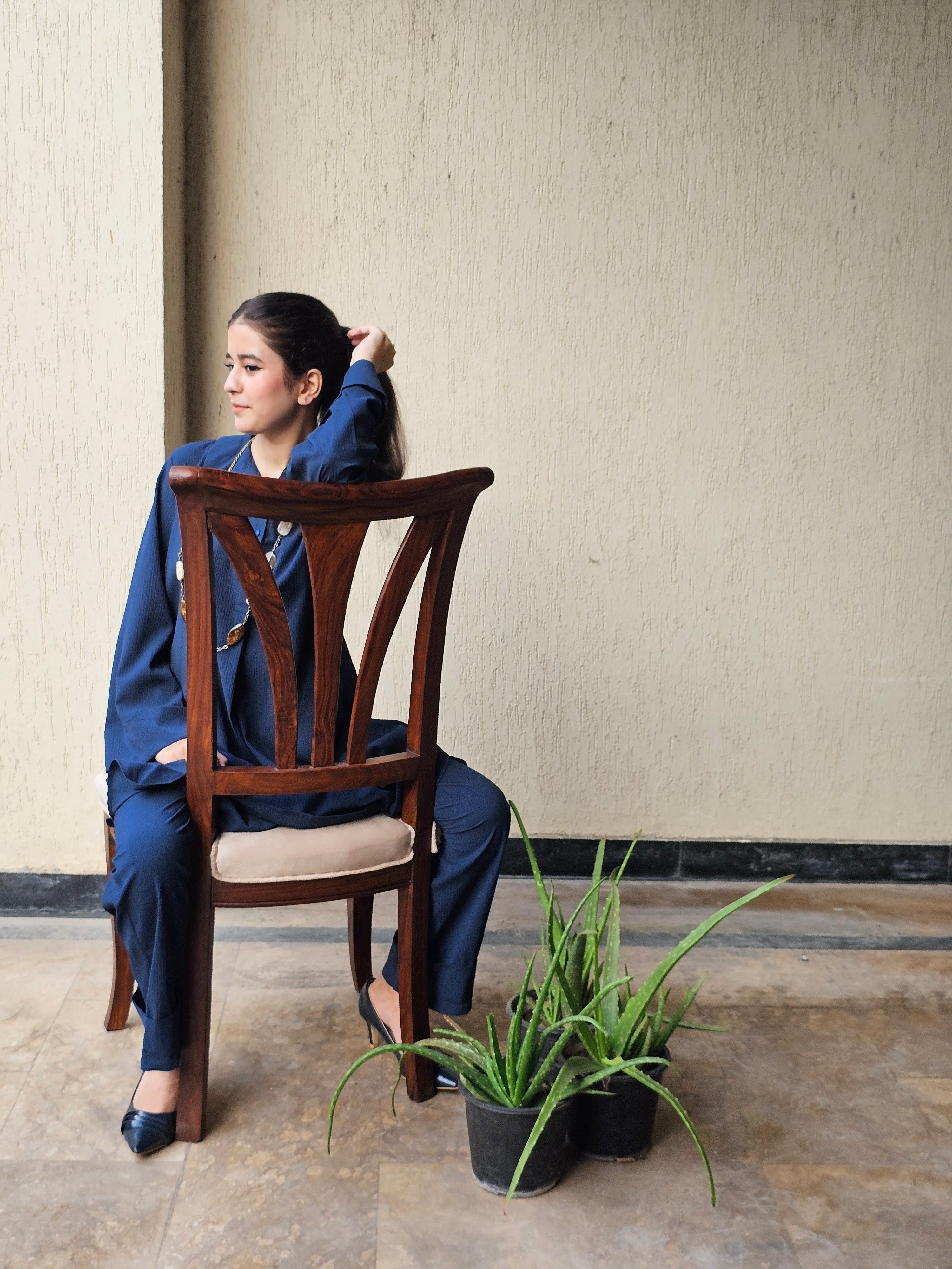 Long Tunic Shirt Suit Finest Weave With Crinkle Texture and Roll-up Sleeves β view 2
