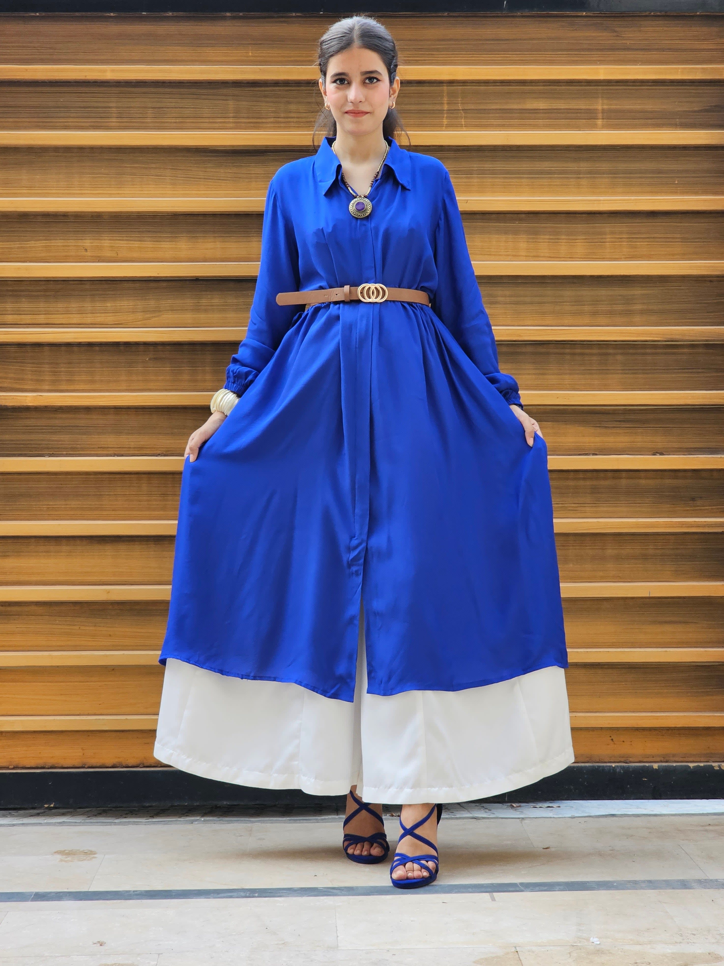 Dobby Weave Textured Royal Blue Willow Shirt With White Boot-Cut Trousers β view 1