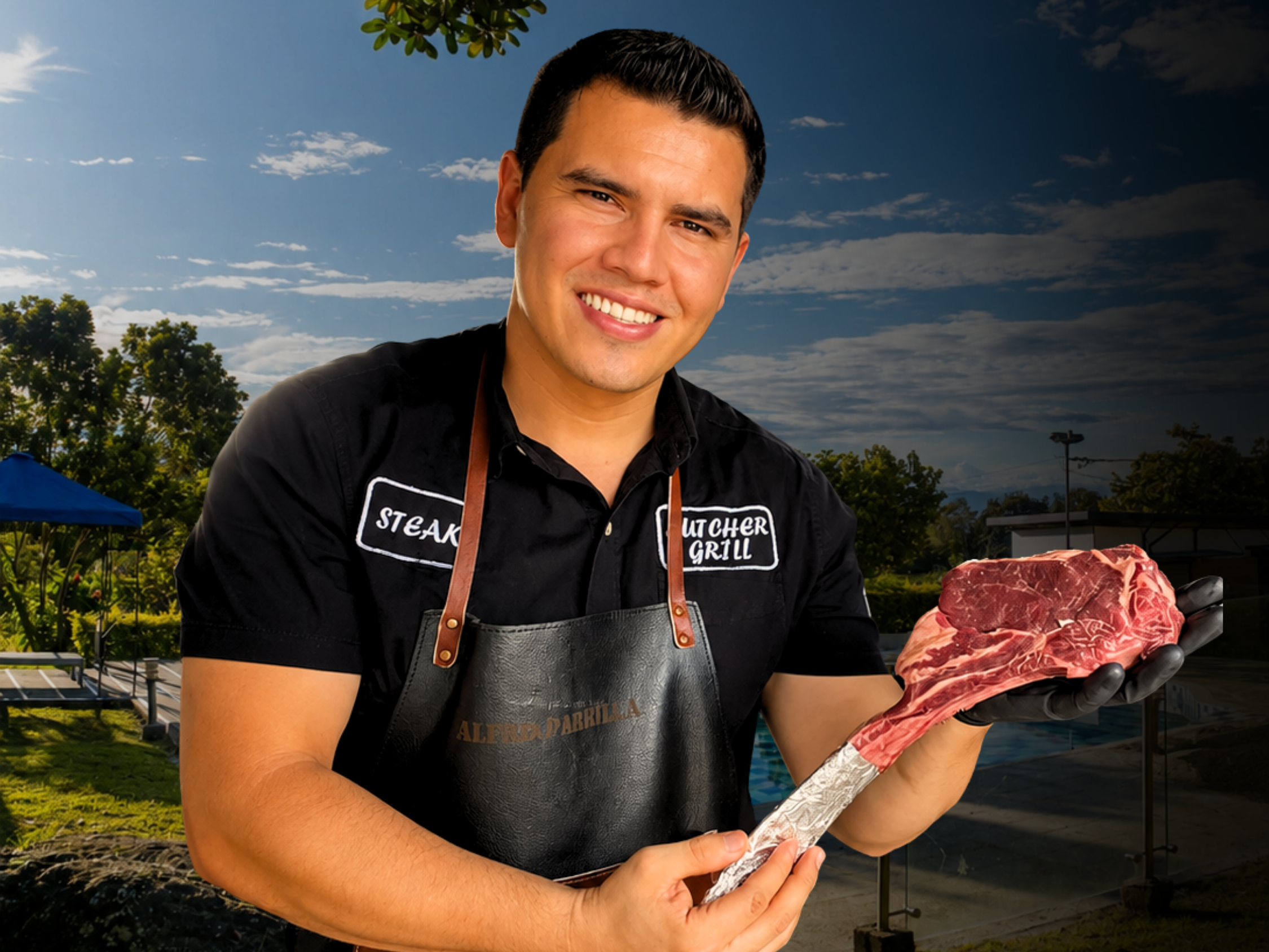 Corte de carne premium y parrilla al fuego vivo