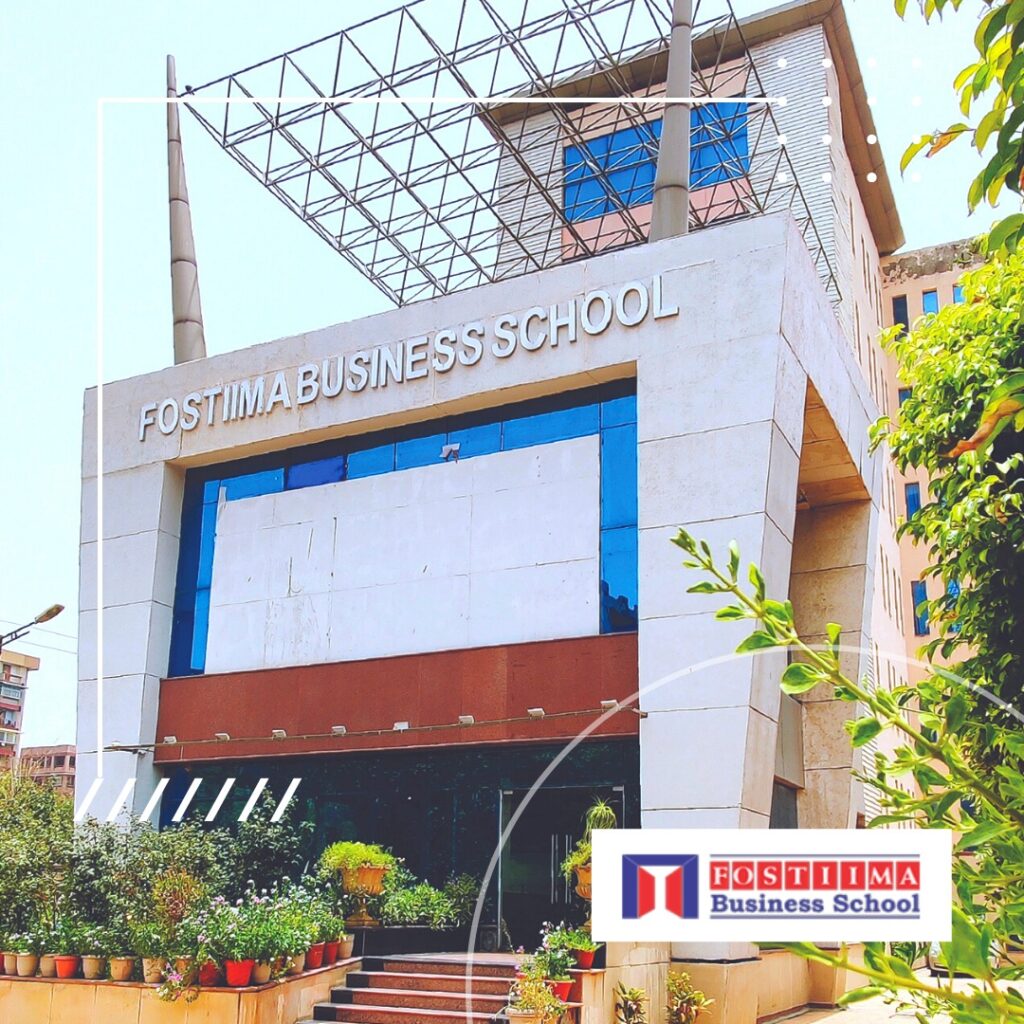 FOSTIIMA Business School campus building in Delhi with the FOSTIIMA Business School logo displayed in the foreground.