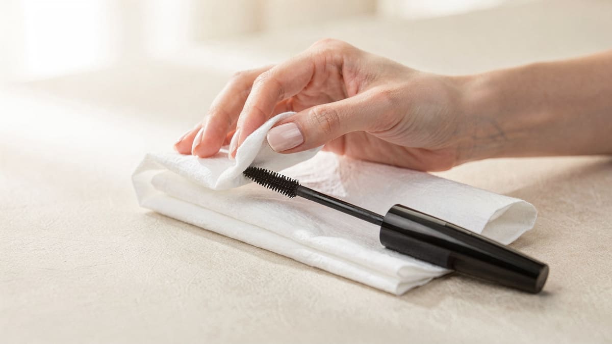 Hand wiping a mascara wand on a white tissue to remove excess product