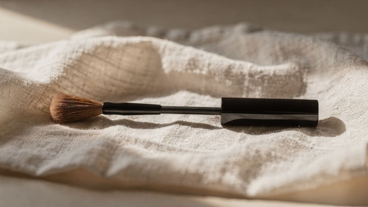 Clean spoolie brush and mascara wand resting on a cream linen cloth