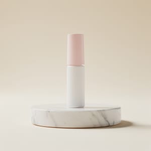 Illustration-style light photo of a lash primer bottle on a marble pedestal