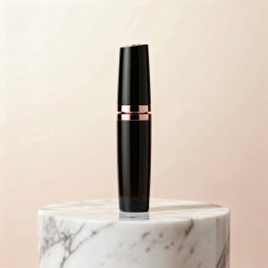 Light photo of a black and rose-gold mascara tube on a marble pedestal