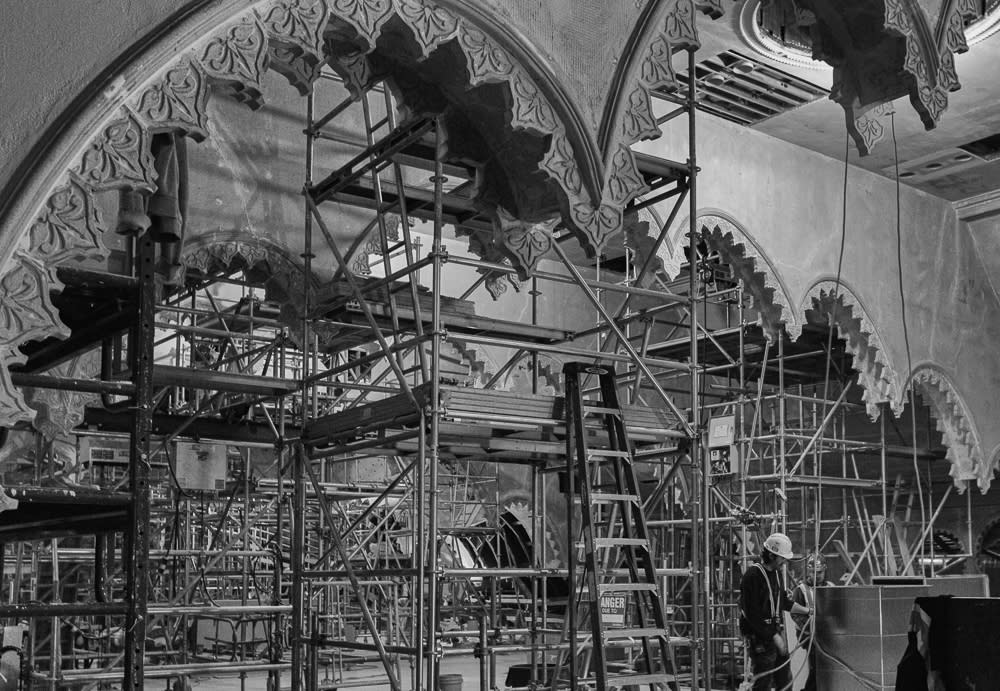 Workers climbed 70' of scaffolding to get to the top.