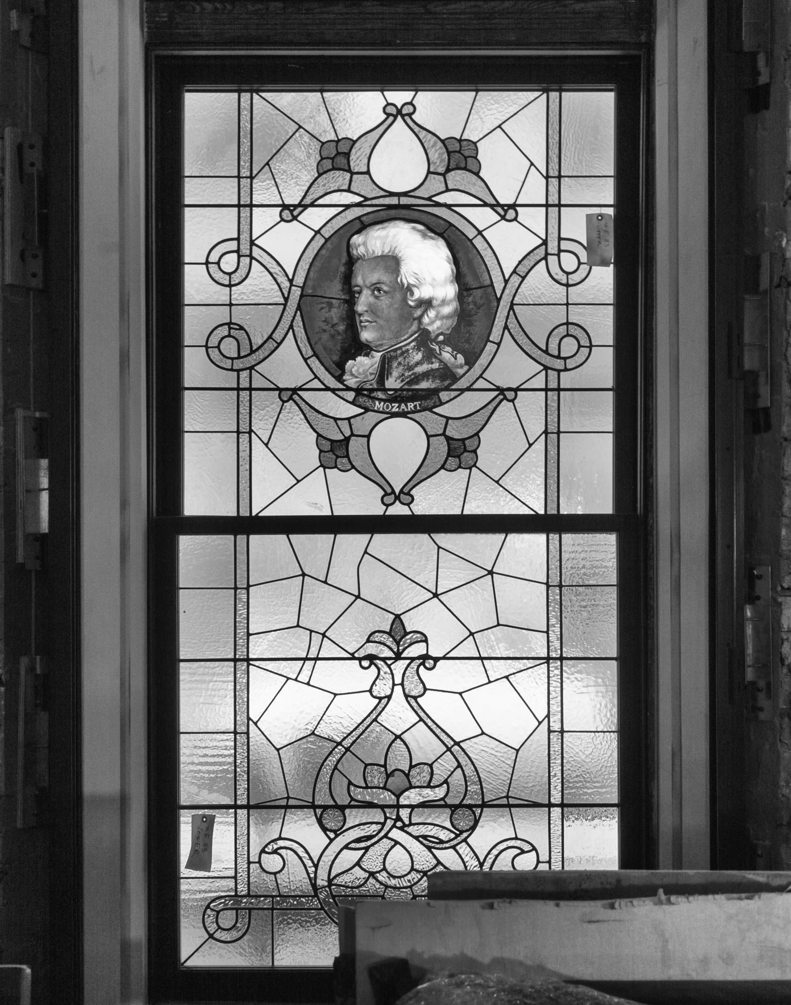 One of the twelve original stained-glass composer windows, fully restored and installed on the lower level of the Allan Slaight Auditorium.