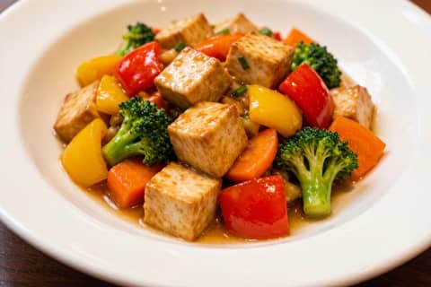 Tofu Salteado com Legumes ( tofu炒菜) – Cubos de Tofu com Pimentão e Broá, Estilo Caseiro