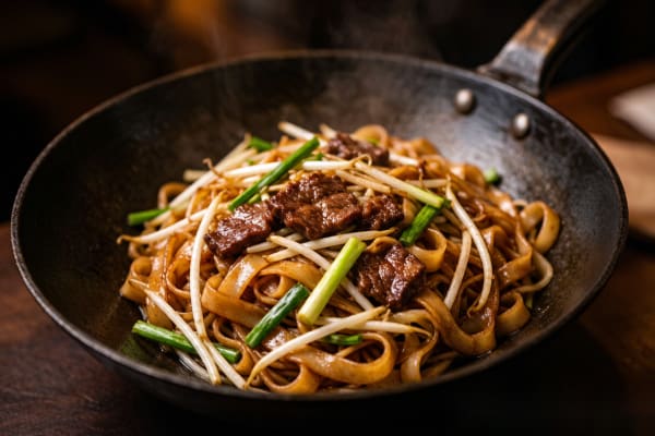 Macarrão de Arroz Refogado com Bovino (干炒牛河) – Ho Fun com Wok Hei