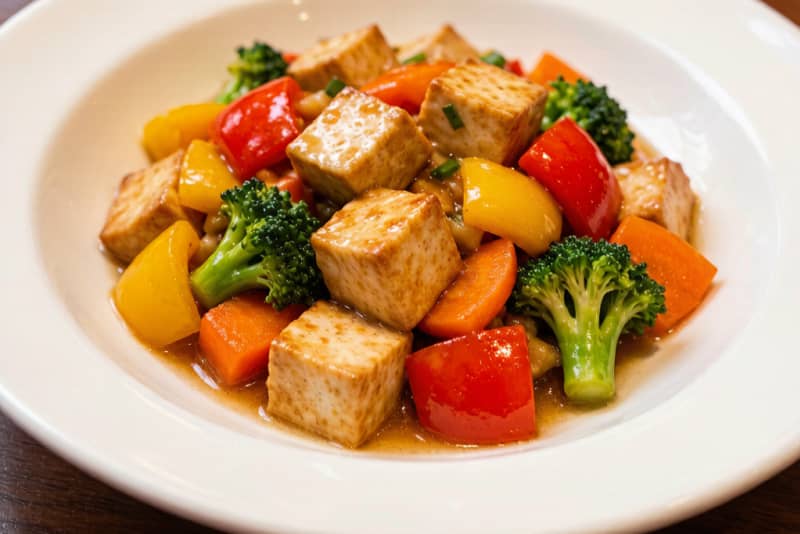 Tofu Salteado com Legumes ( tofu炒菜) – Cubos de Tofu com Pimentão e Broá, Estilo Caseiro