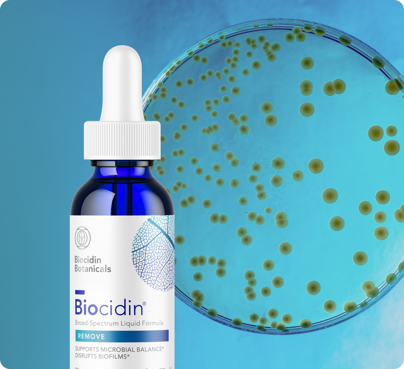 Biocidin bottle with petri dish