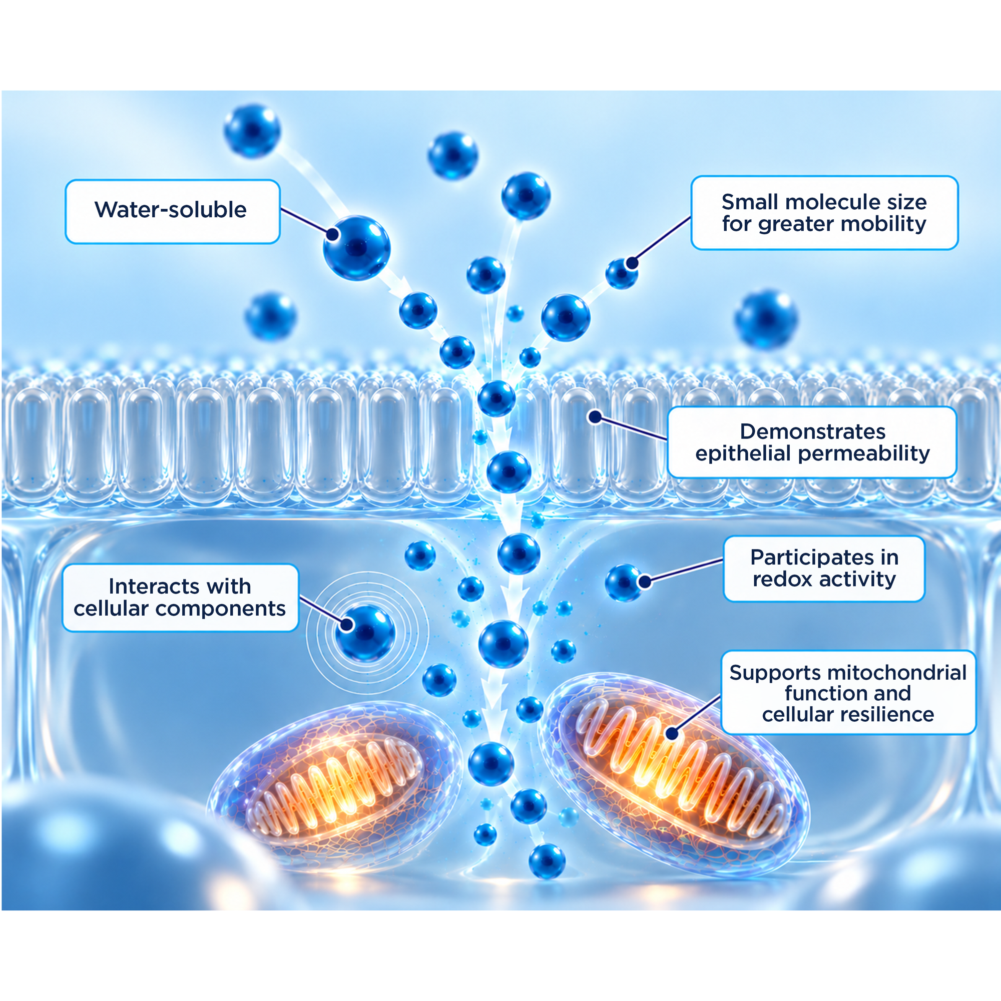 Illustration of small water-soluble molecules passing through an epithelial cell layer, interacting with cellular components, participating in redox activity, and supporting mitochondrial function and cellular resilience.