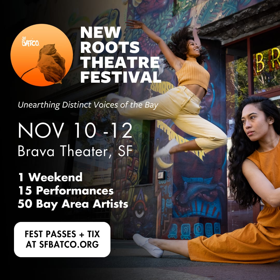 A dancer is jumping in front of the Brava Theatre Center in the Mission. The poster is describing the dates and times of the