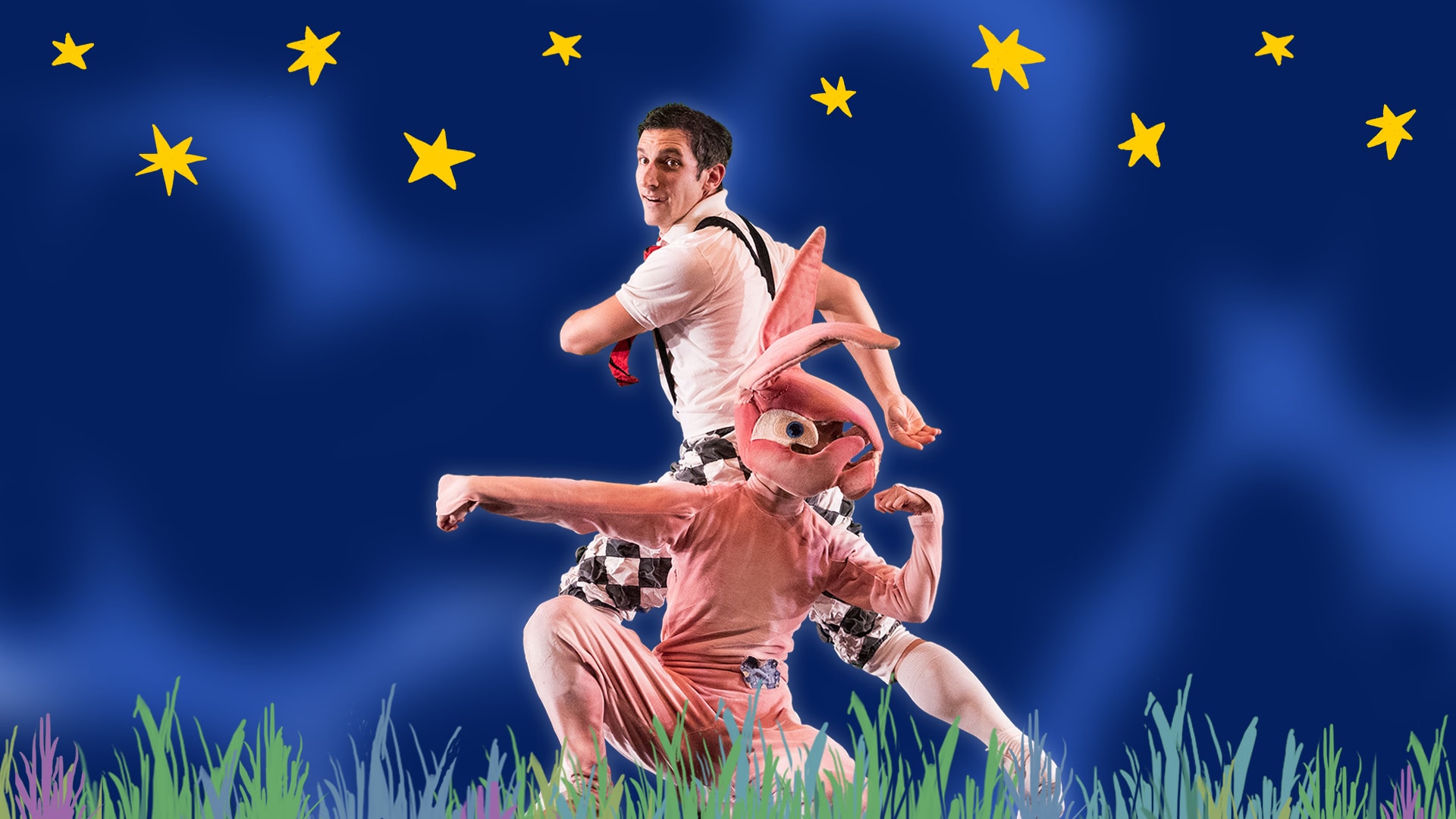 The Velveteen Rabbit and characters against a dark blue background with colorful stars